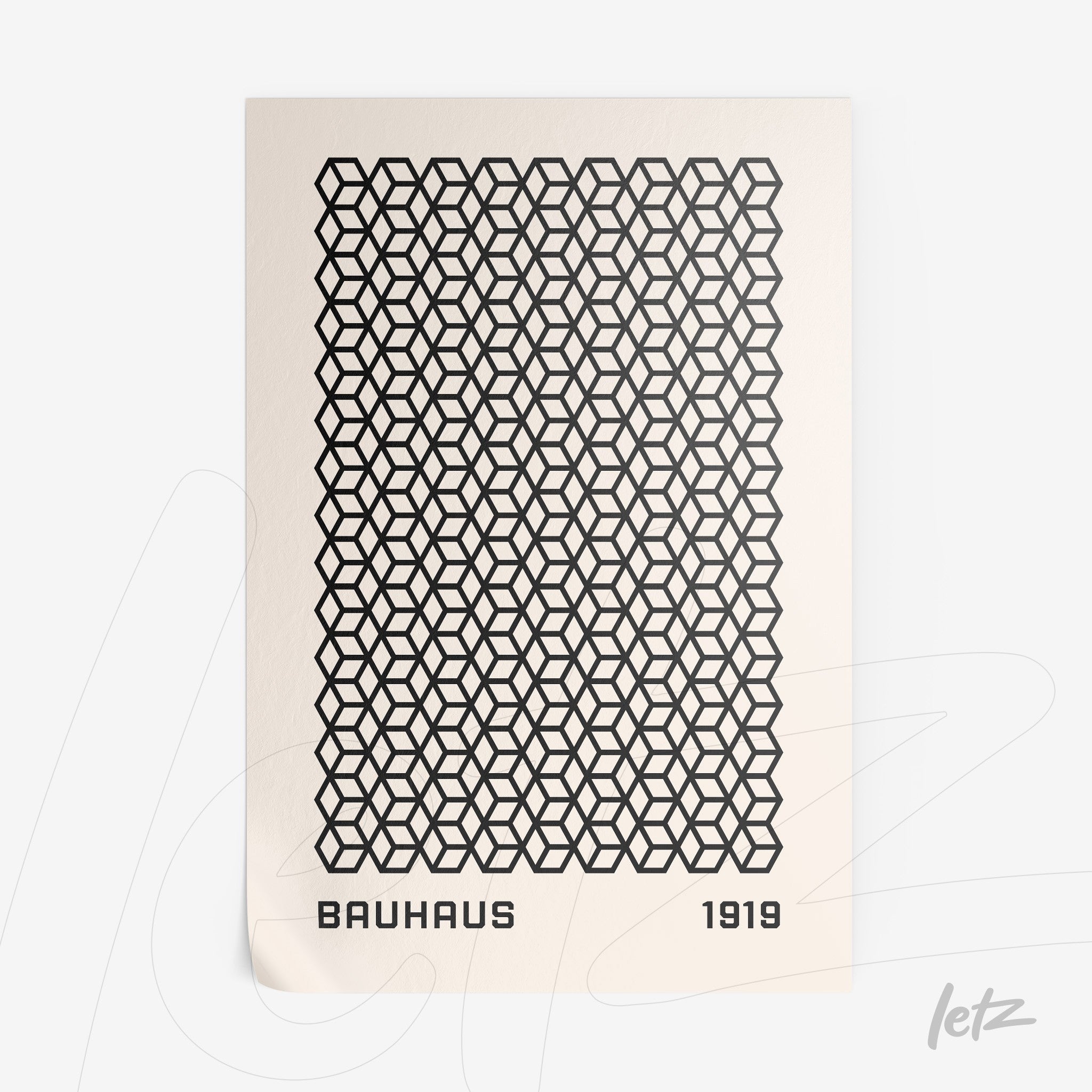 pôster com padrão geométrico em preto sobre fundo branco, com texto bauhaus 1919