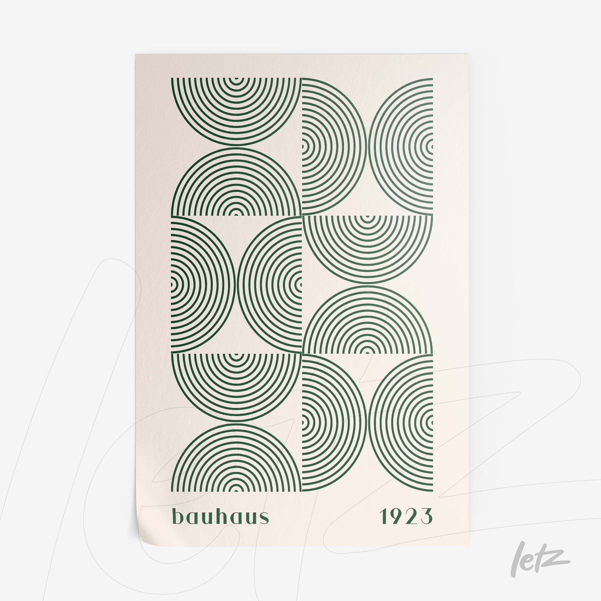 pôster com ilustração geométrica estilo bauhaus em tons de verde e branco