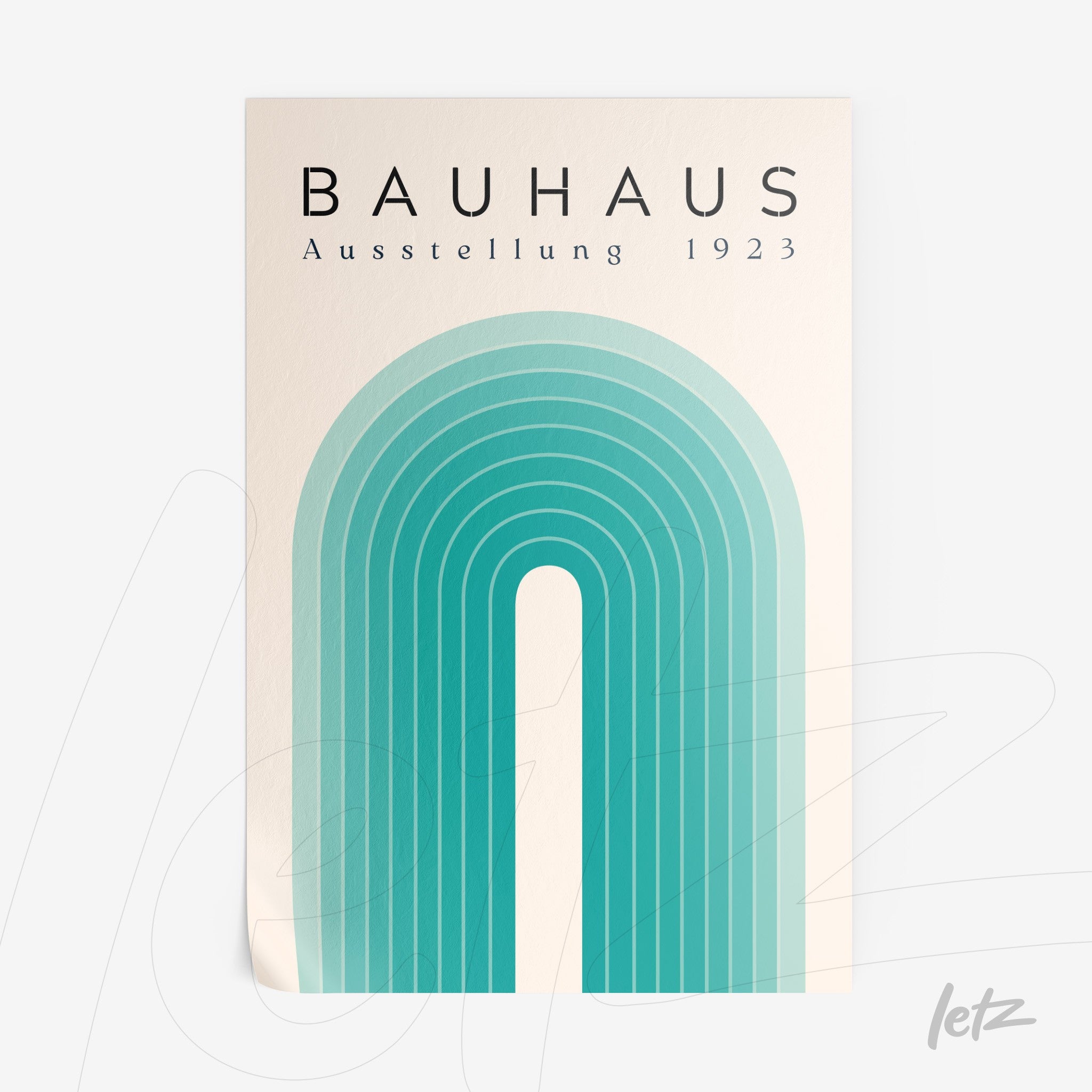 impressão com design geométrico em tons de verde-azulado e texto 'Bauhaus Ausstellung 1923' sobre fundo claro