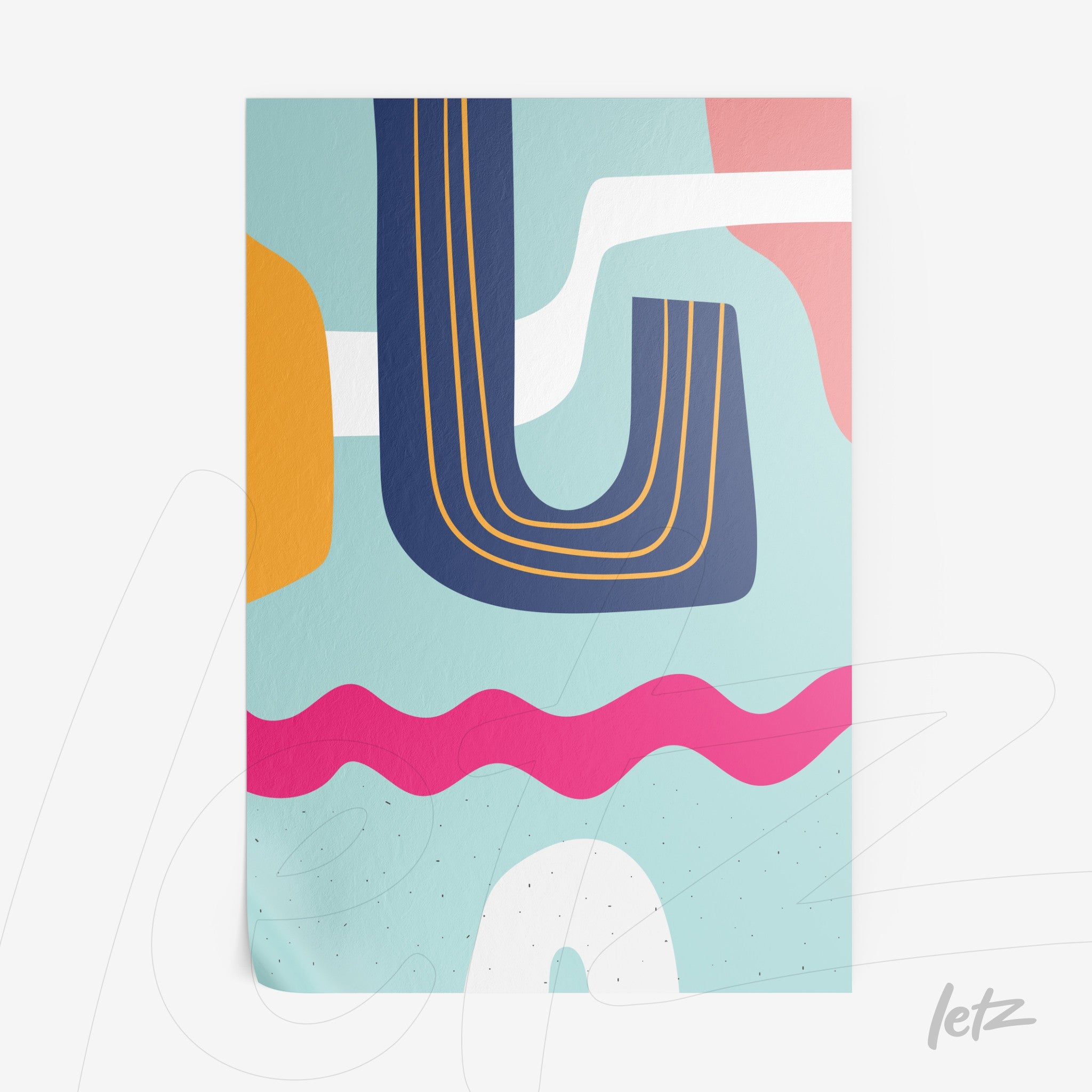 ```json
{
"alt": "impressão em papel com arte abstrata e formas geométricas em tons pastel, com traços ondulados e cores contrastantes sobre fundo azul claro",
"alt_en": "paper print with abstract art and geometric shapes in pastel tones, featuring wavy lines and contrasting colors on a light blue background"
}
```