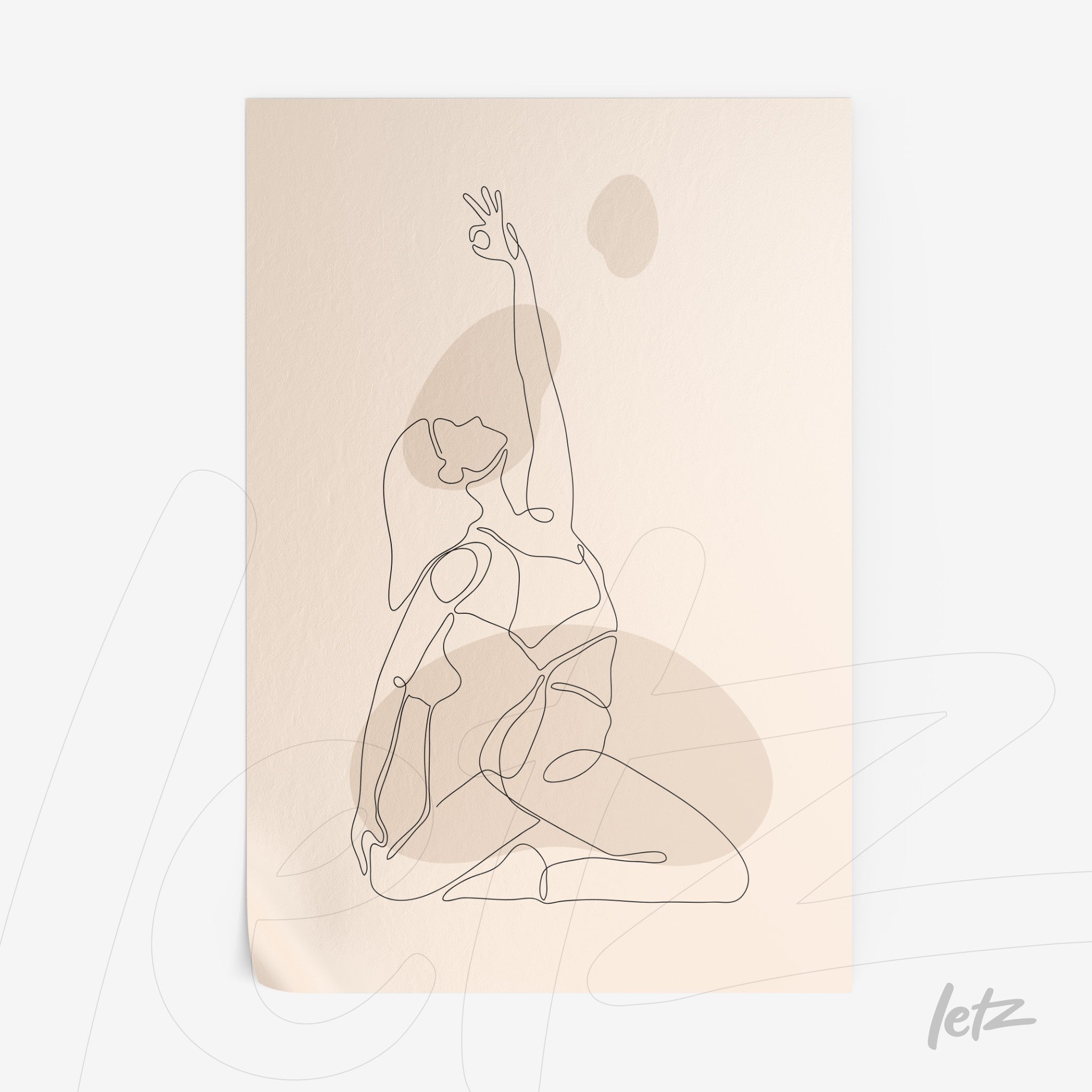 pôster com arte de um desenho em linha contínua de uma mulher em pose de yoga sobre fundo bege