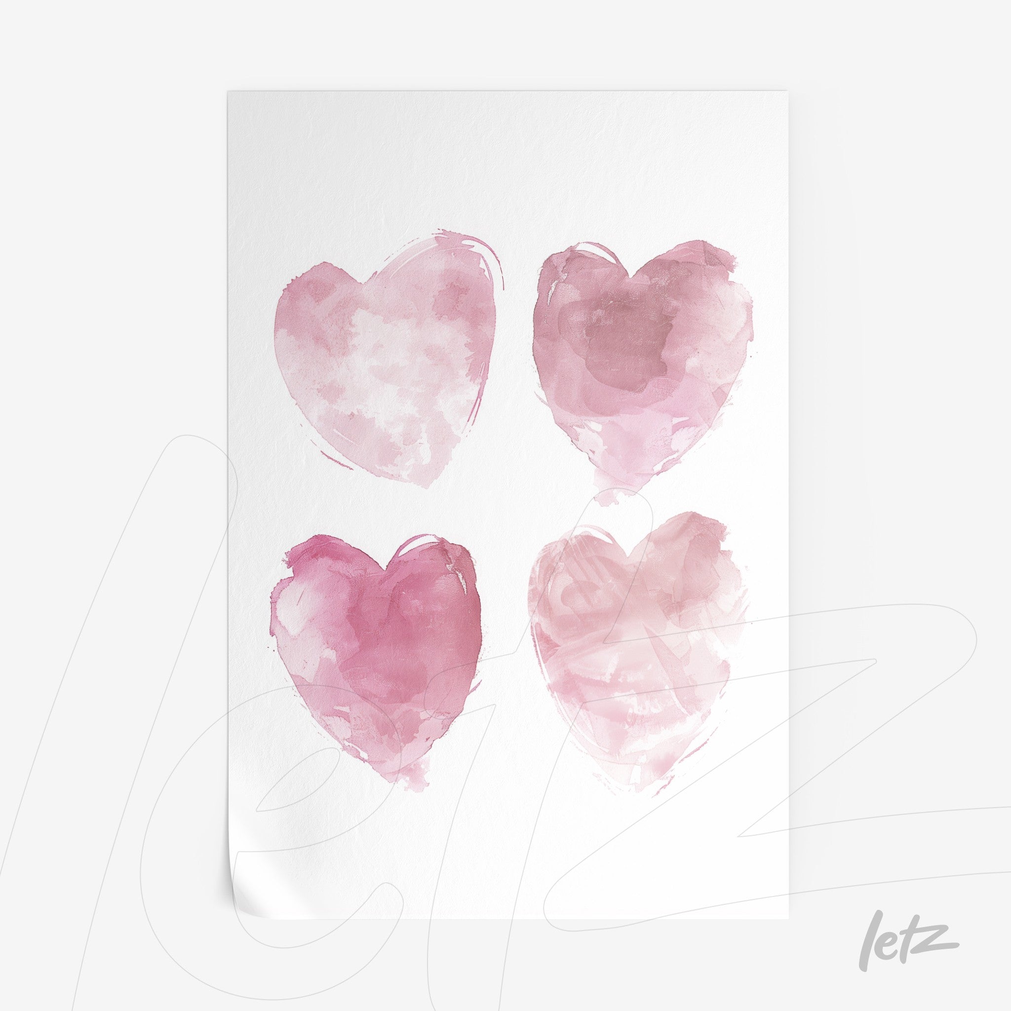 quadro com quatro corações em aquarela em tons de rosa sobre fundo branco