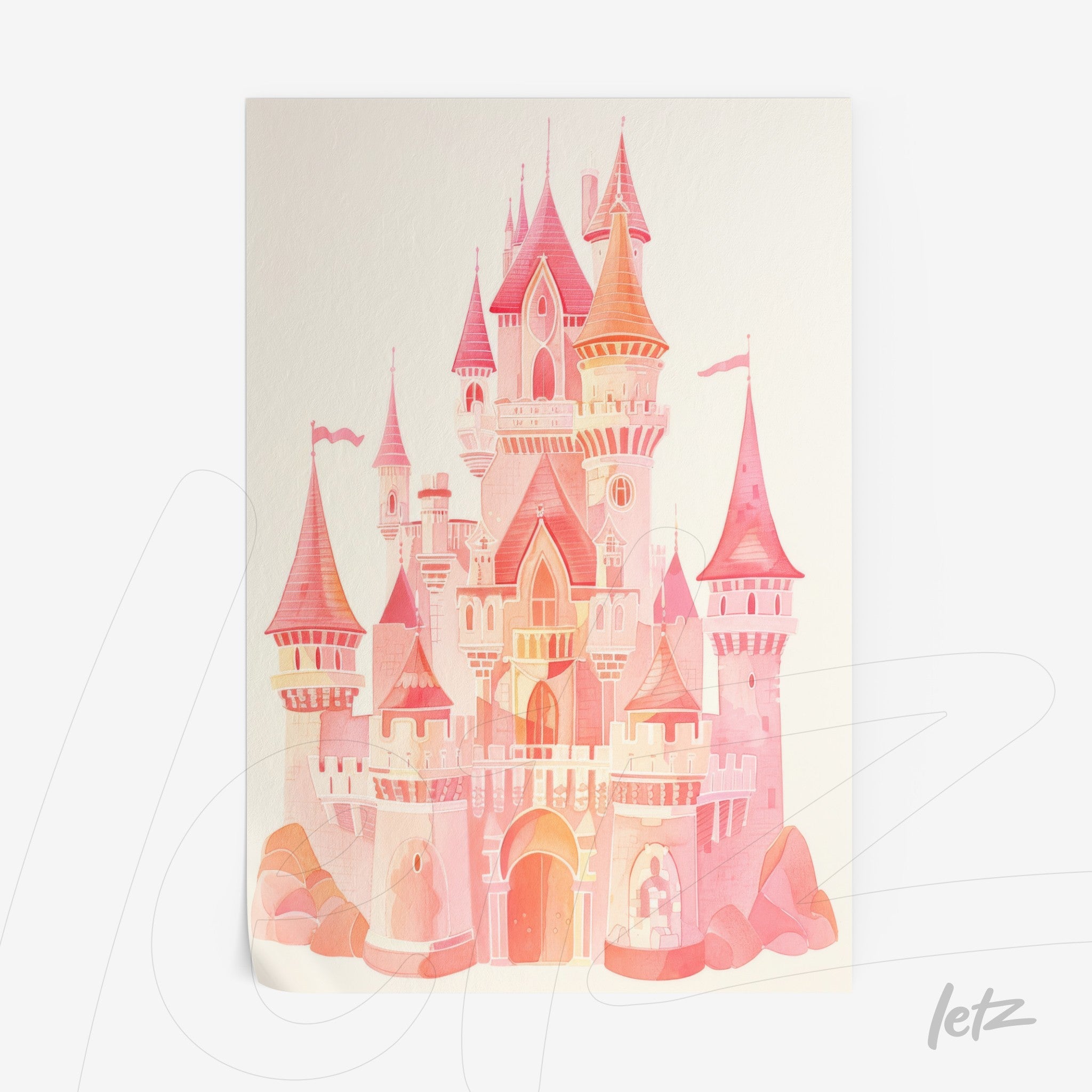 quadro com ilustração de castelo rosa em estilo aquarela com torres altas e janelas arched