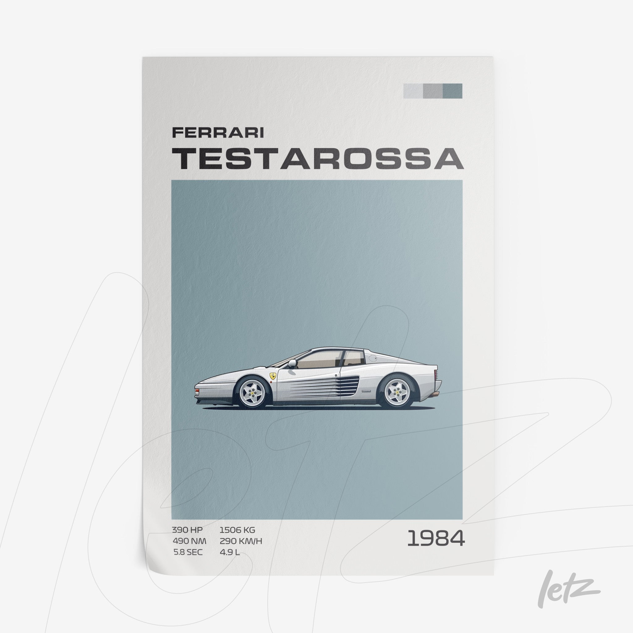 arte digital do carro esportivo Ferrari Testarossa em fundo azul claro com detalhes técnicos abaixo