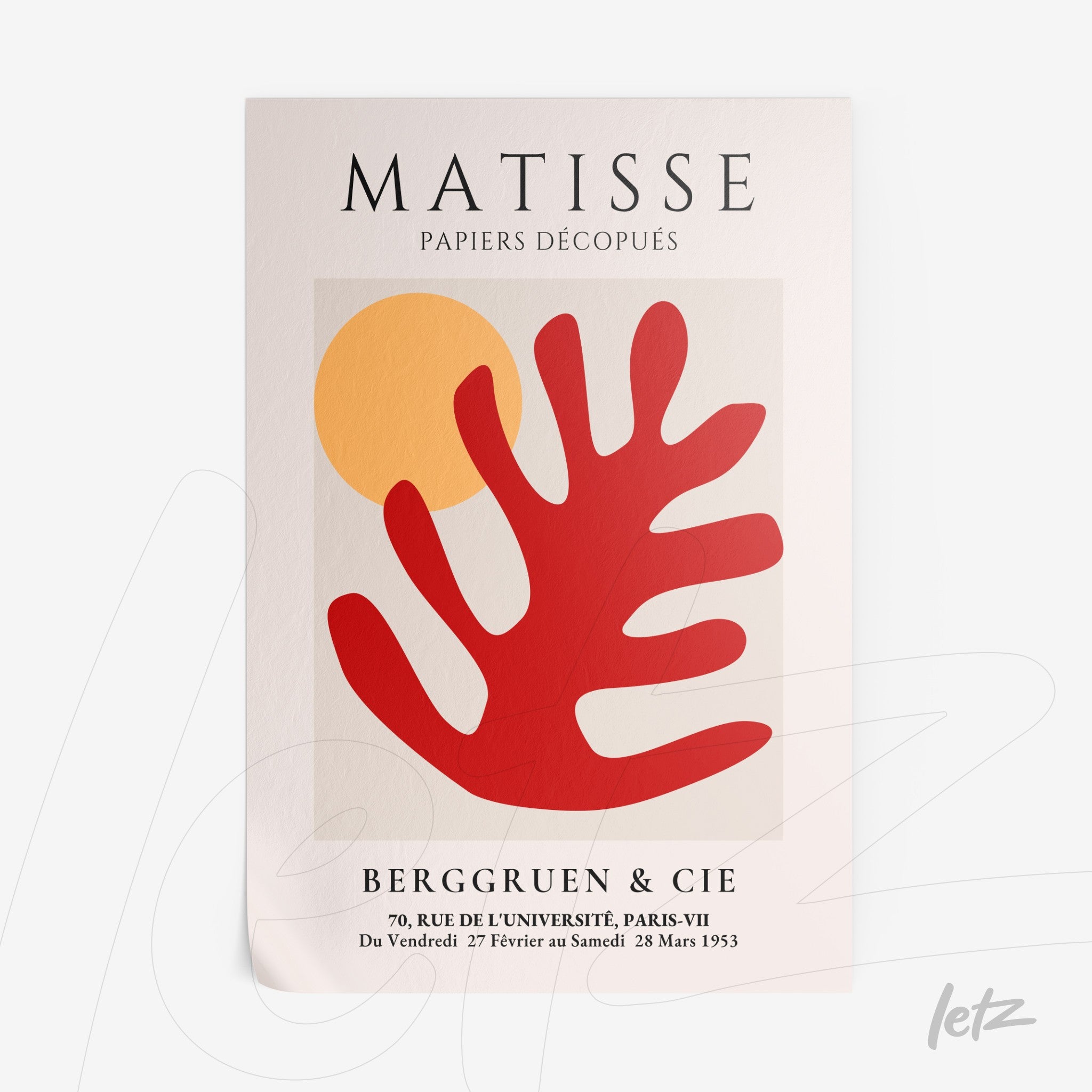 quadro decorativo com arte abstrata em cores vibrantes, destacando uma folha estilizada vermelha sobre fundo claro e círculo amarelo no canto superior