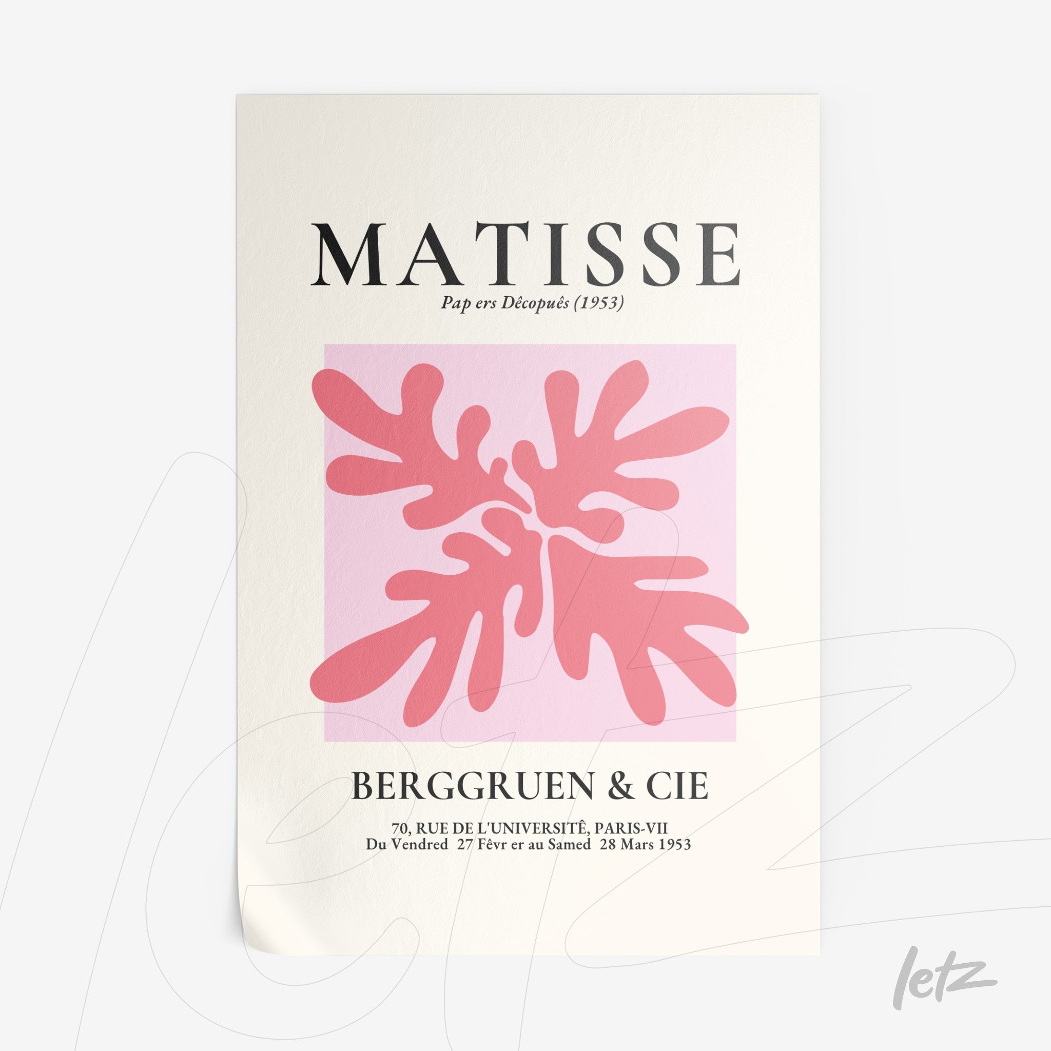 pôster com arte abstrata em tons de rosa inspirado em Matisse, fundo branco e moldura simples