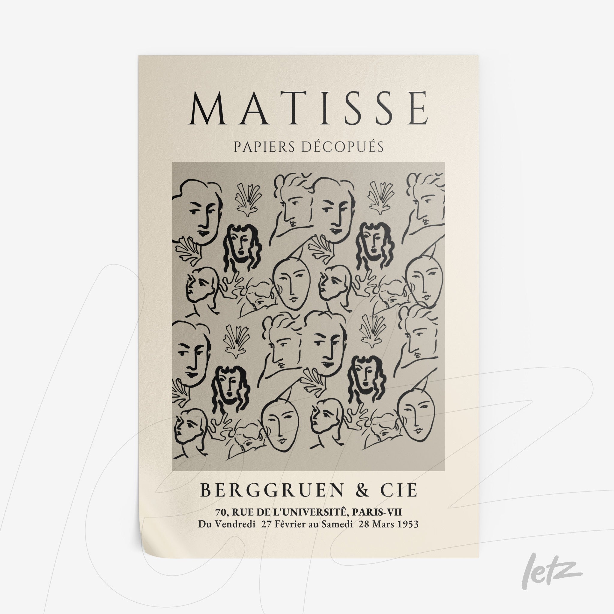 quadro com arte em estilo minimalista de rostos abstratos em preto e branco, com fundo em tonalidade bege claro