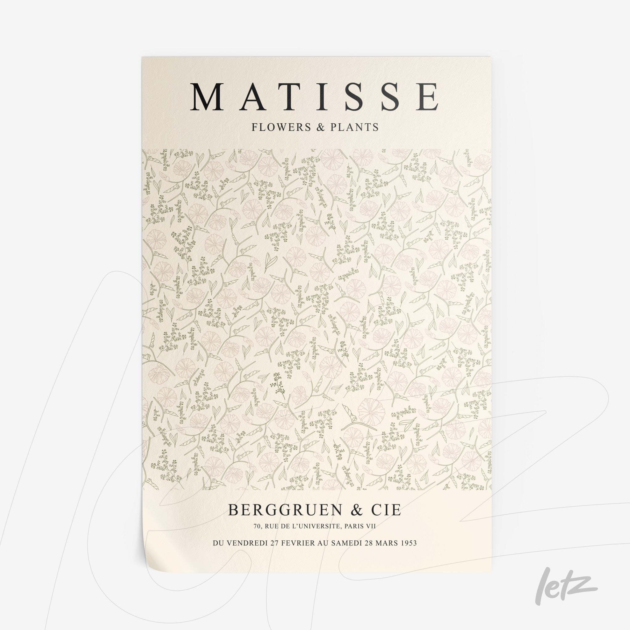 pôster com design floral em estilo vintage de Matisse, com fundo claro e delicados ramos de plantas em tons suaves