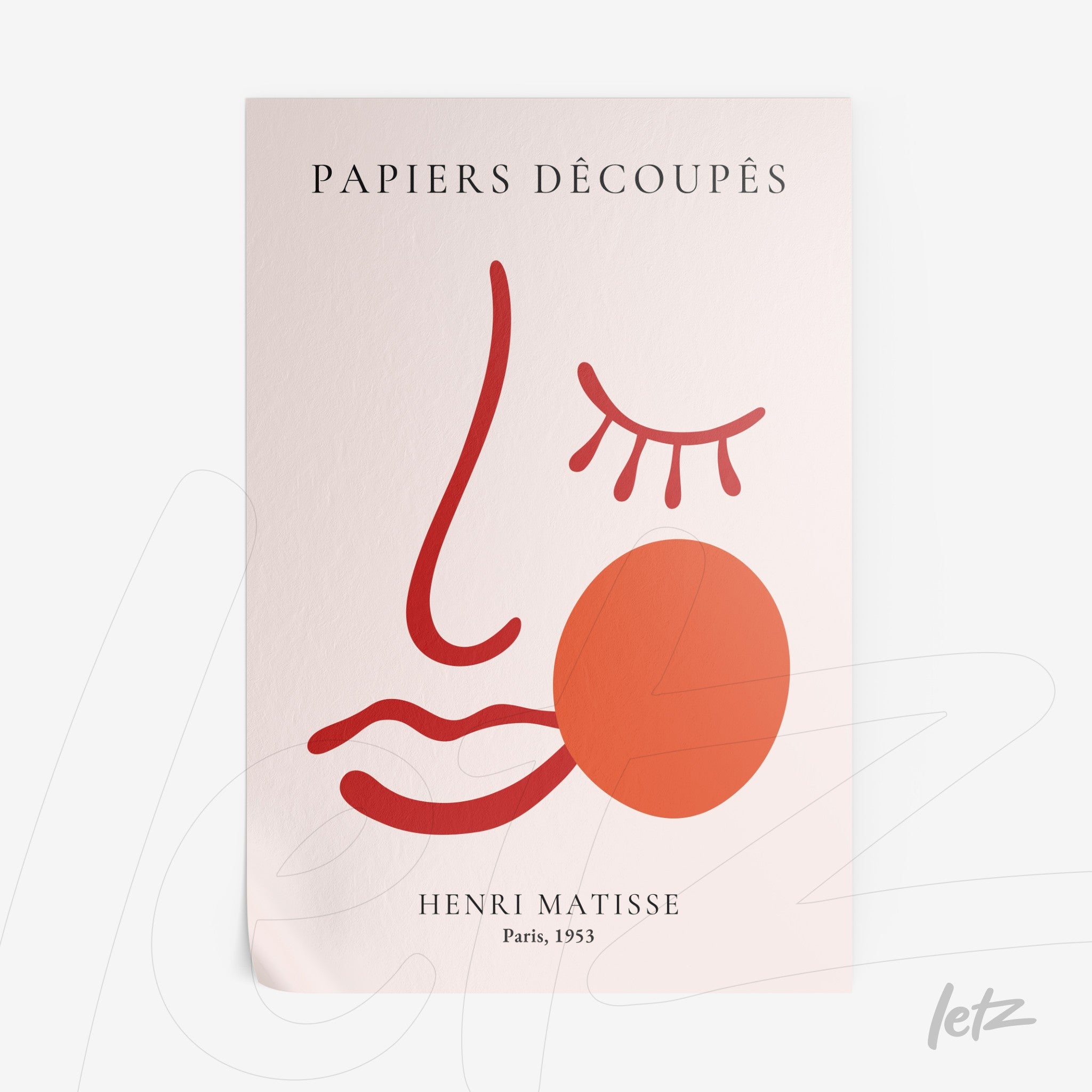 quadro com arte minimalista inspirada em Henri Matisse, apresentando um rosto estilizado em tons de vermelho e laranja sobre fundo claro