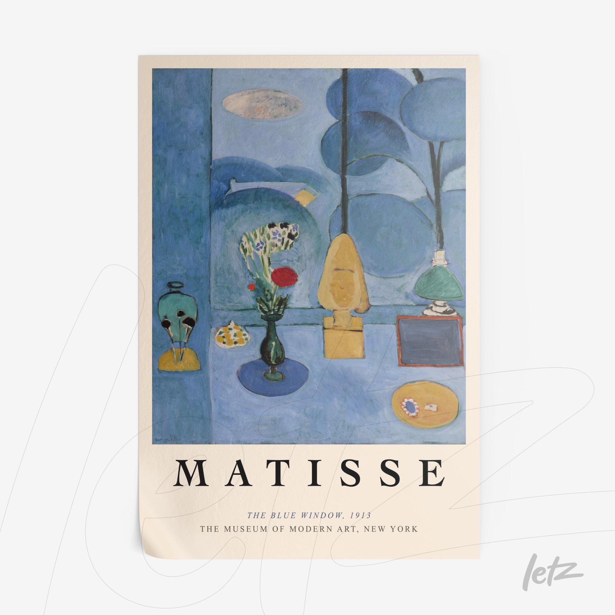 quadro decorativo inspirado na arte de Matisse, com ilustração em tons de azul e elementos de natureza morta como flores e objetos em uma composição equilibrada