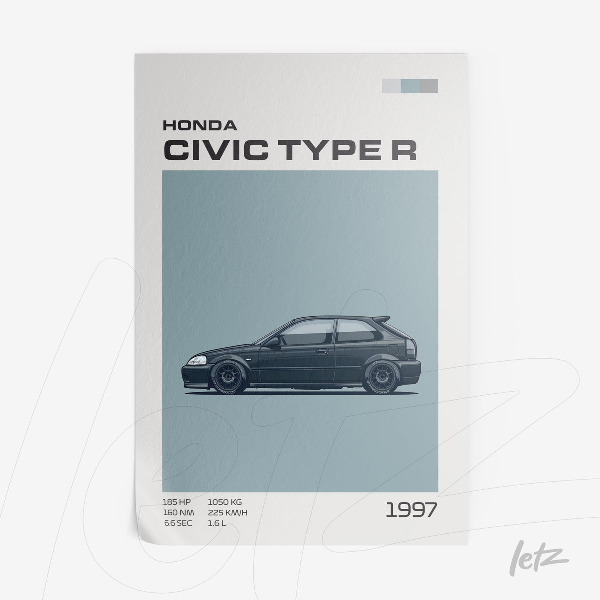 arte digital minimalista de um carro Honda Civic Type R 1997 com fundo azul e detalhes em cinza