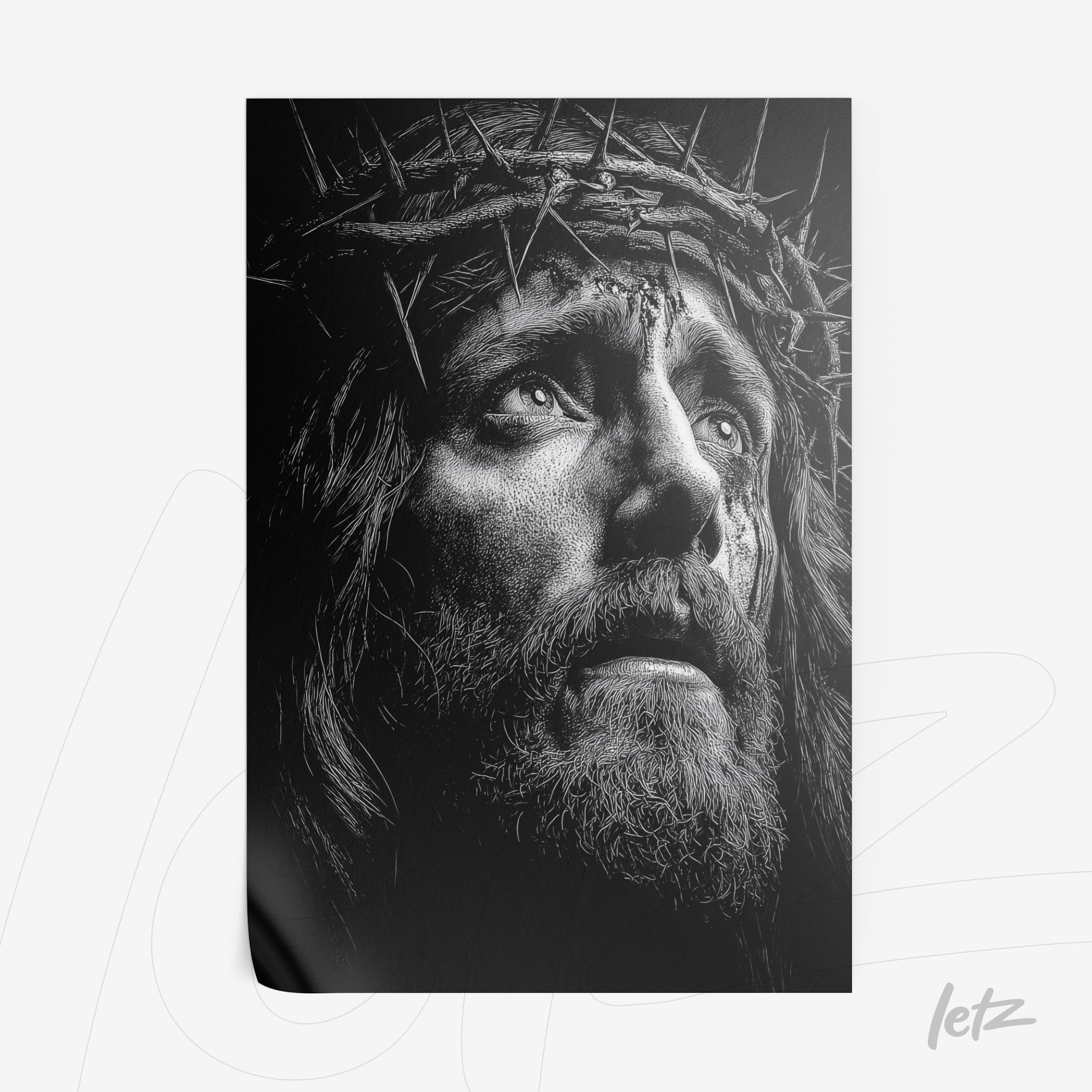 quadro em preto e branco retratando um perfil emocional de Jesus com coroa de espinhos e expressão angustiada