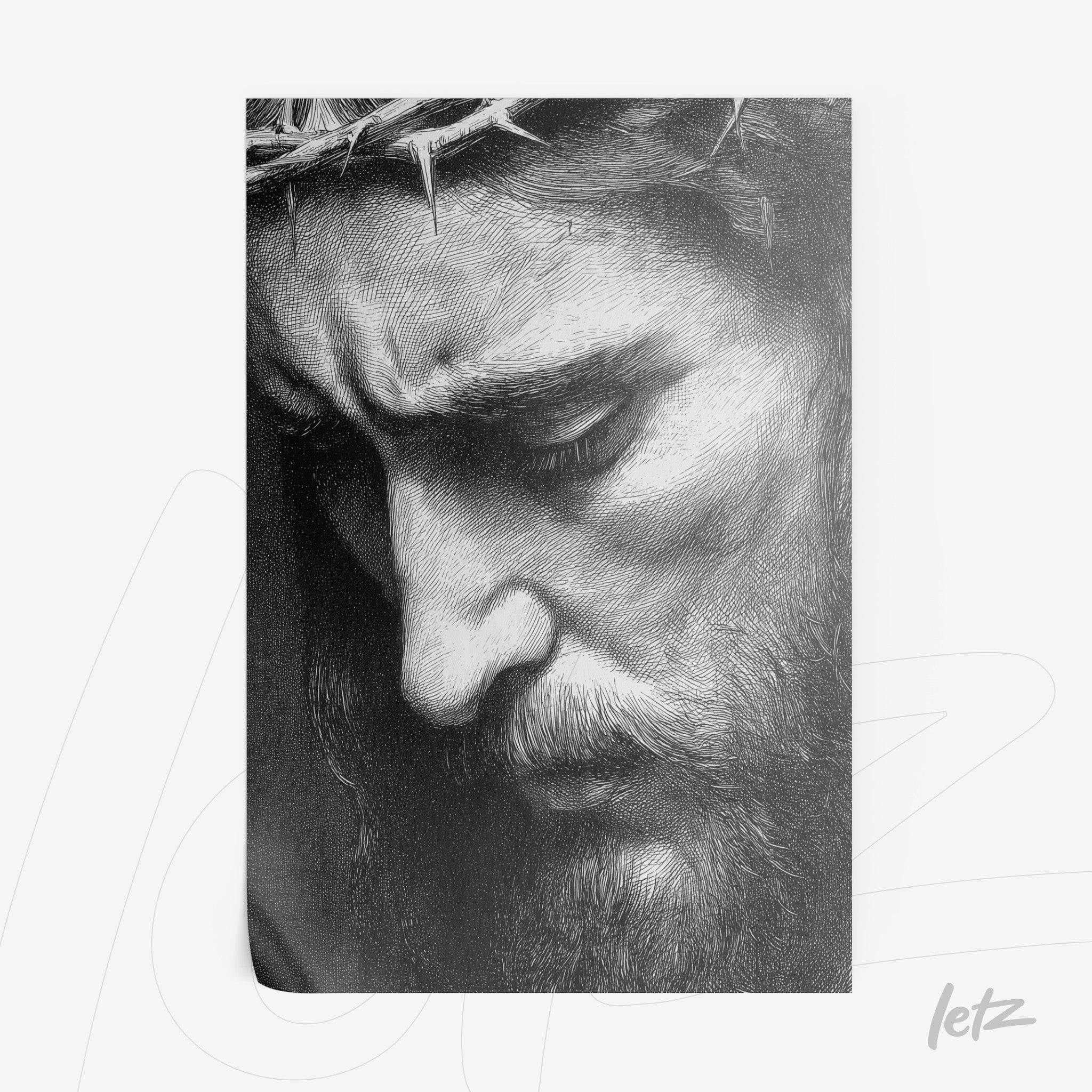 quadro com retrato realista de homem com mirada sombria e coroa de espinhos em fundo claro