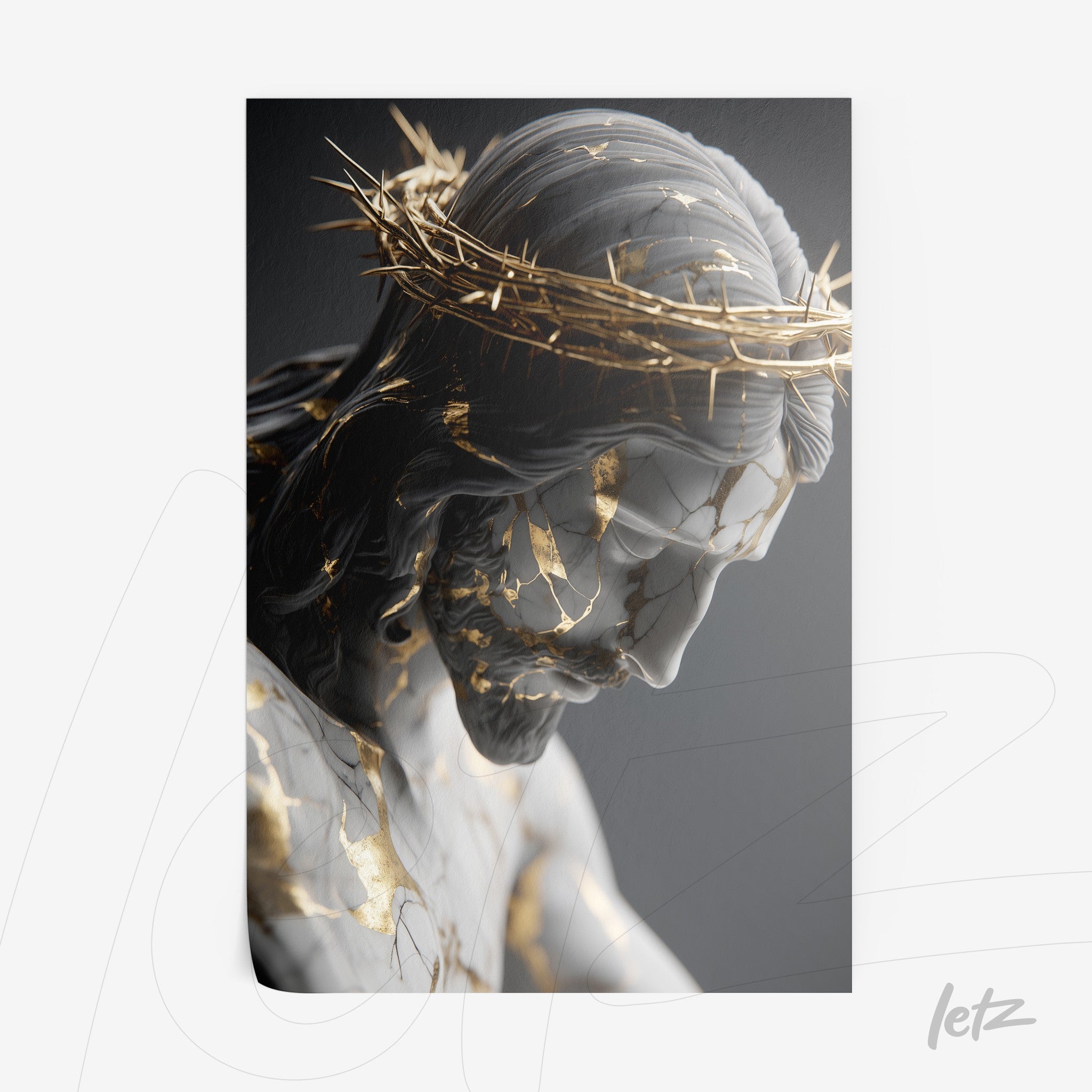 quadro ilustrativo de escultura de Cristo com detalhes dourados e fundo cinza