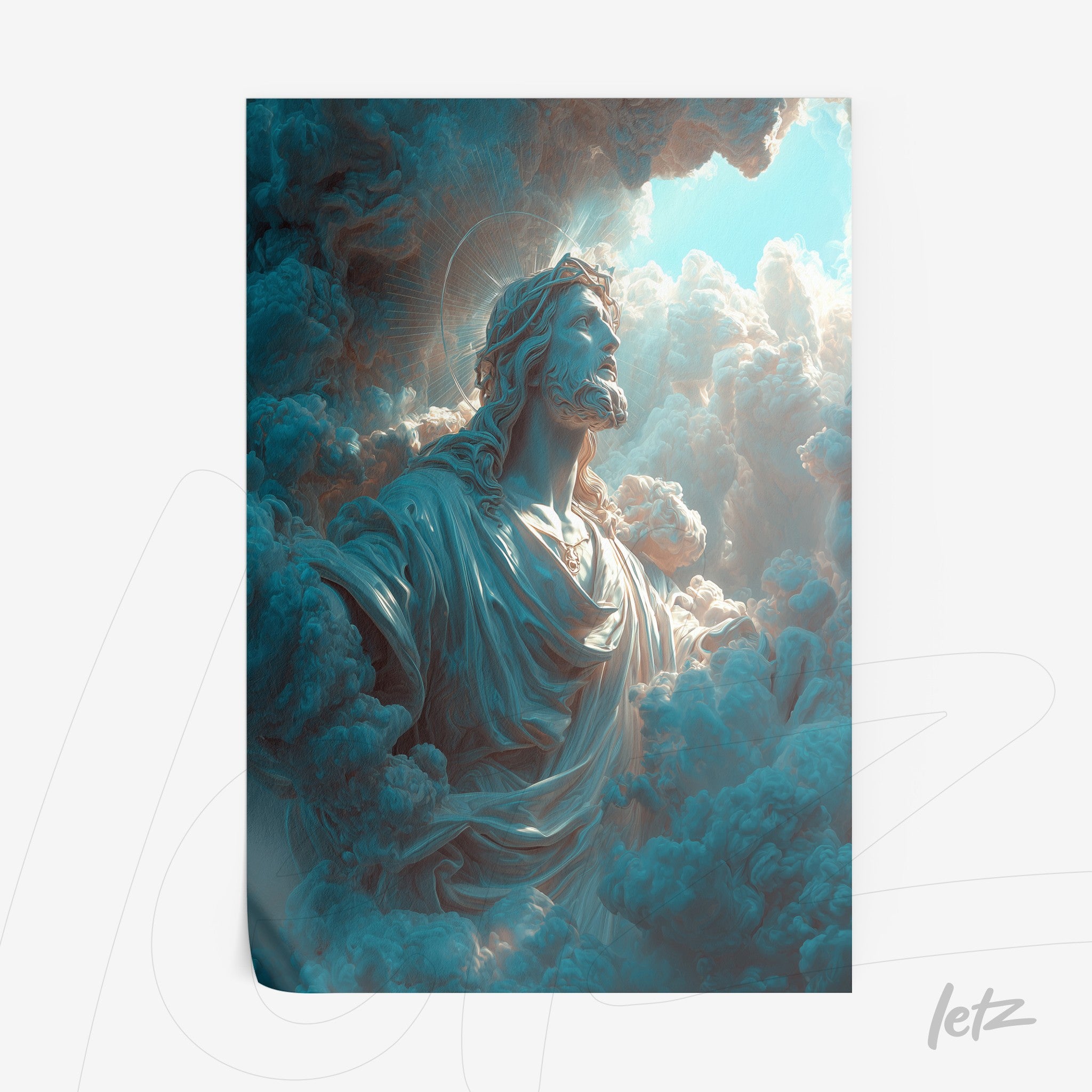 quadro com arte digital de figura celestial em meio a nuvens densas com tons azuis