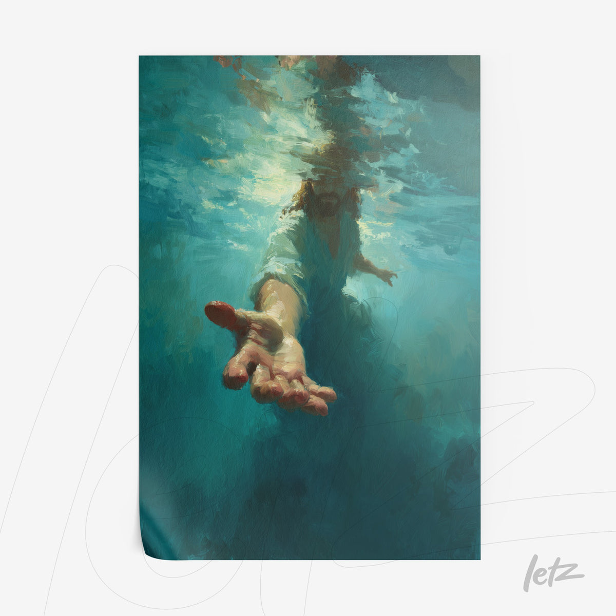 quadro com arte digital de figura submersa na água estendendo a mão em um fundo azul profundo