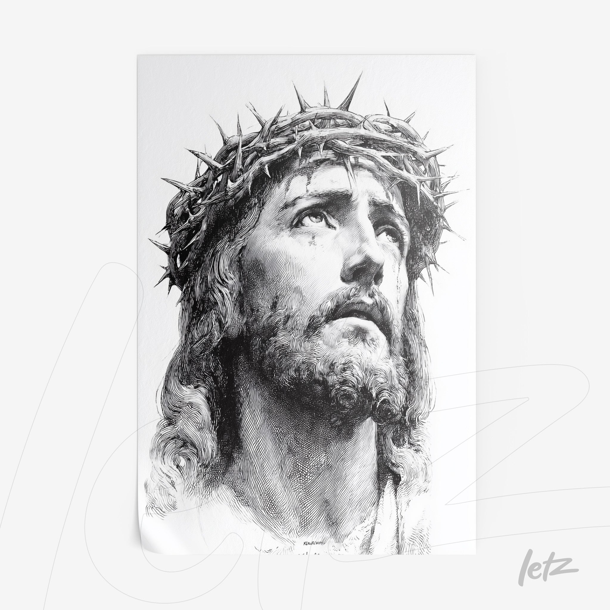 quadro em preto e branco retratando a cabeça de Jesus Cristo com coroa de espinhos
