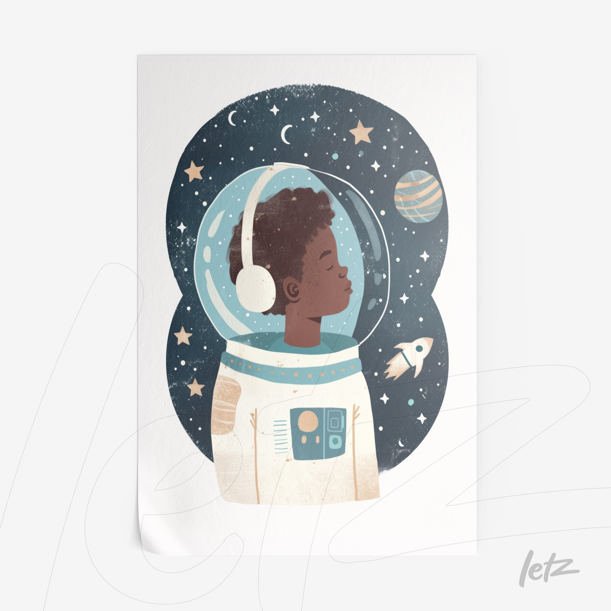 ilustração de criança astronauta com capacete espacial, fundo estrelado e planetas