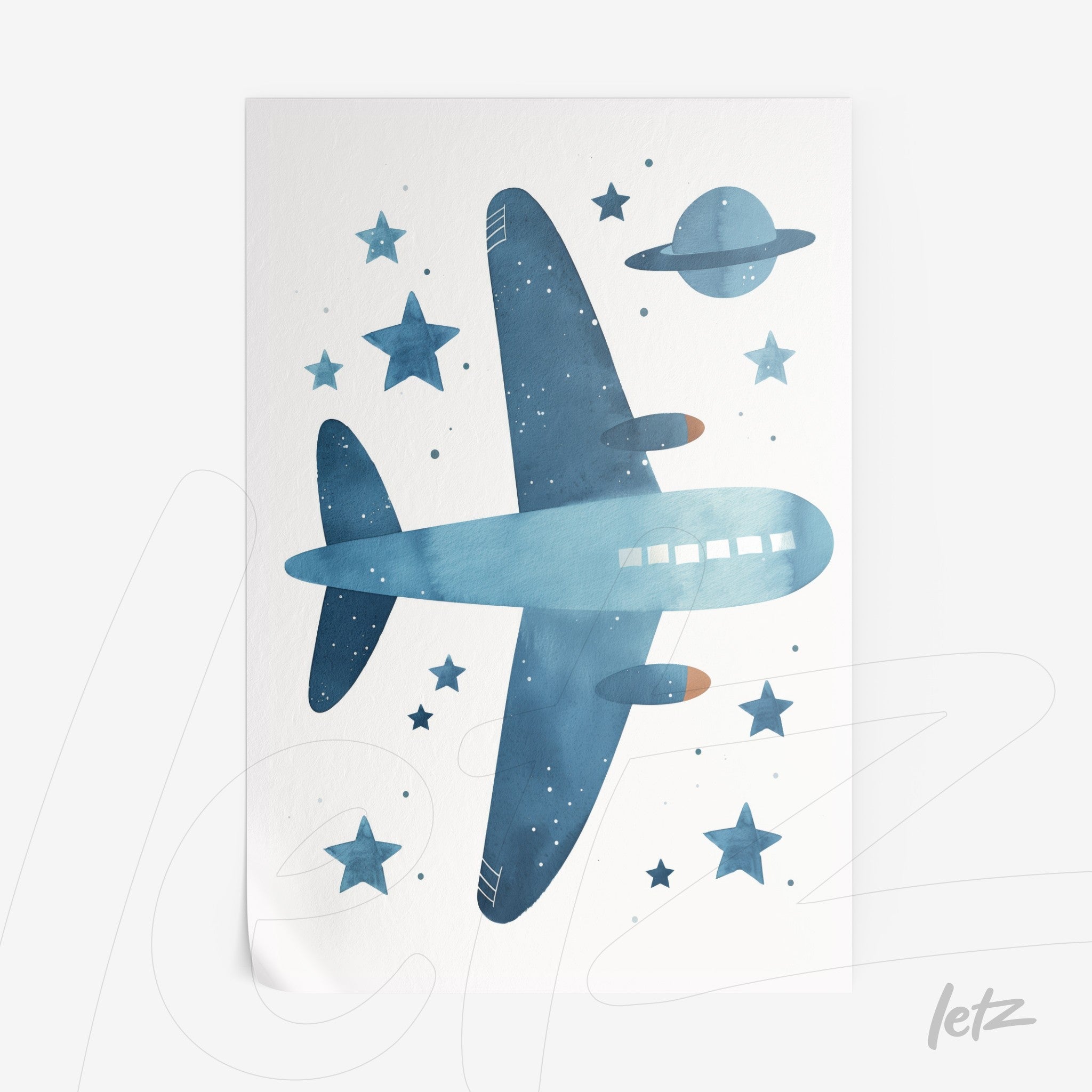 arte aquarela de um avião azul sobre fundo branco, com estrelas e um planeta ao redor