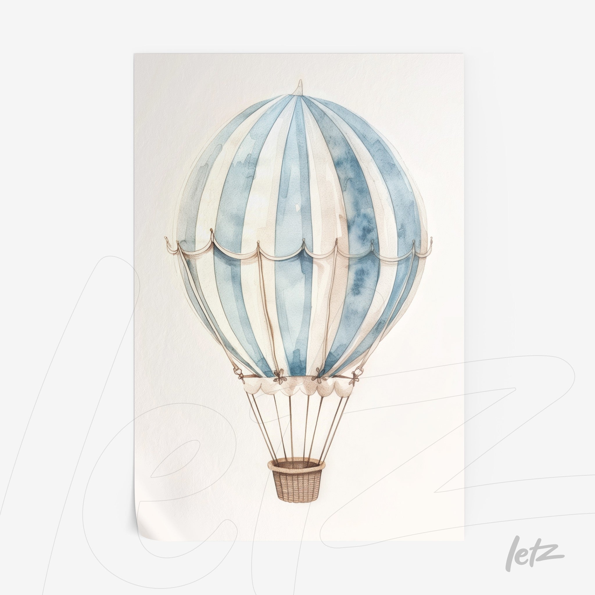quadro com ilustração de balão de ar quente em tons pastel com listras azuis