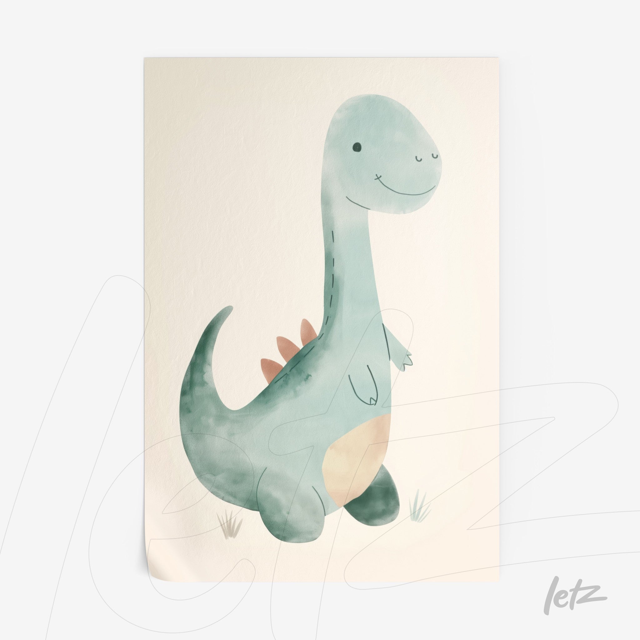 quadro com arte infantil de dinossauro em estilo aquarela com fundo neutro