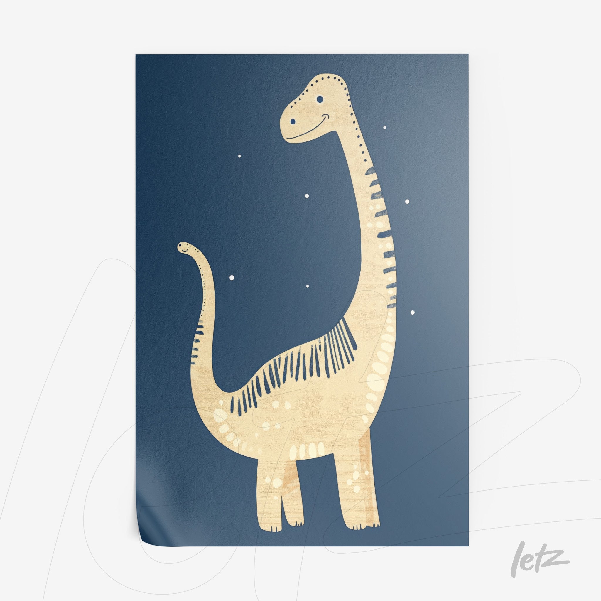 quadro com ilustração de dinossauro amigável em fundo azul escuro