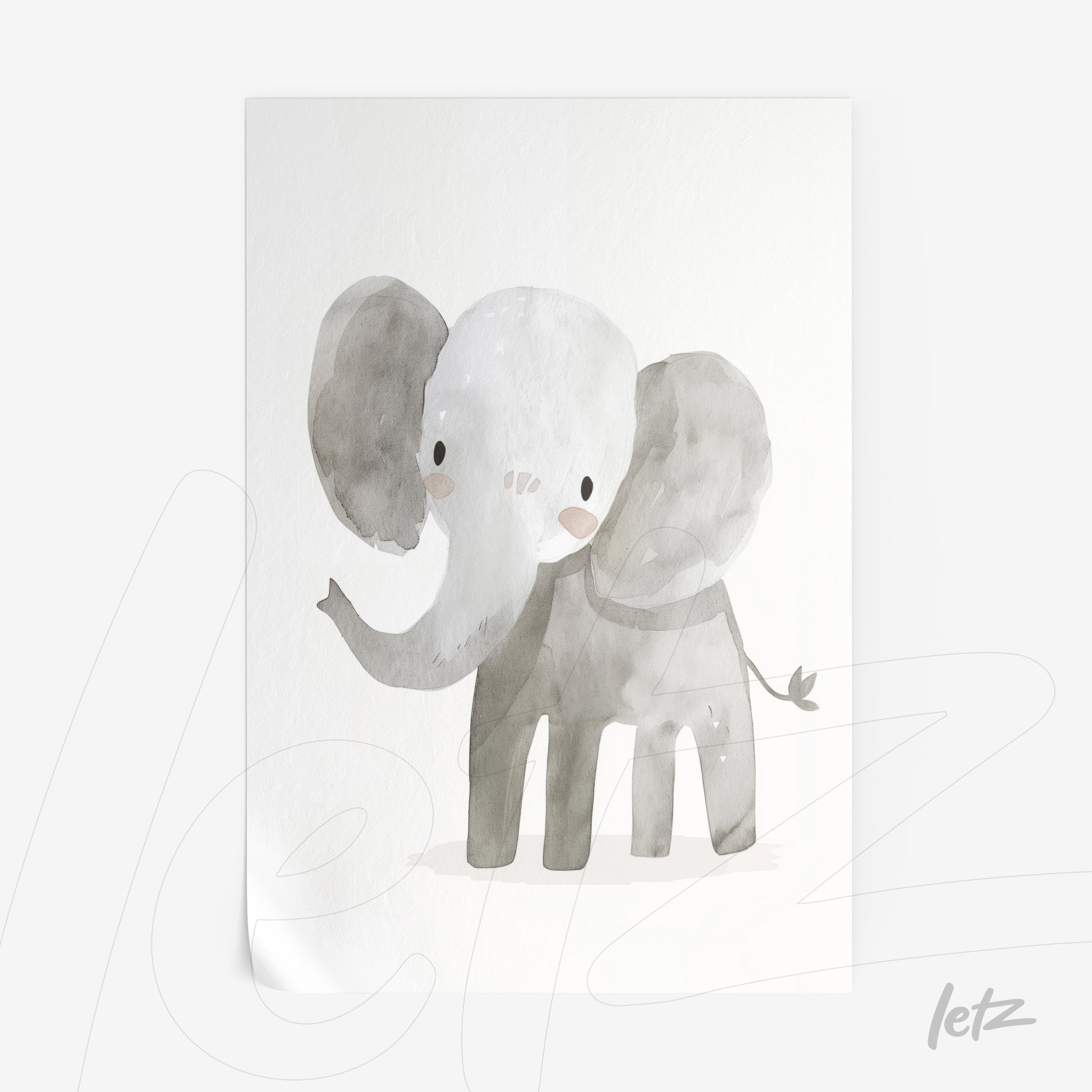 quadro decorativo com ilustração de elefante em aquarela em fundo claro