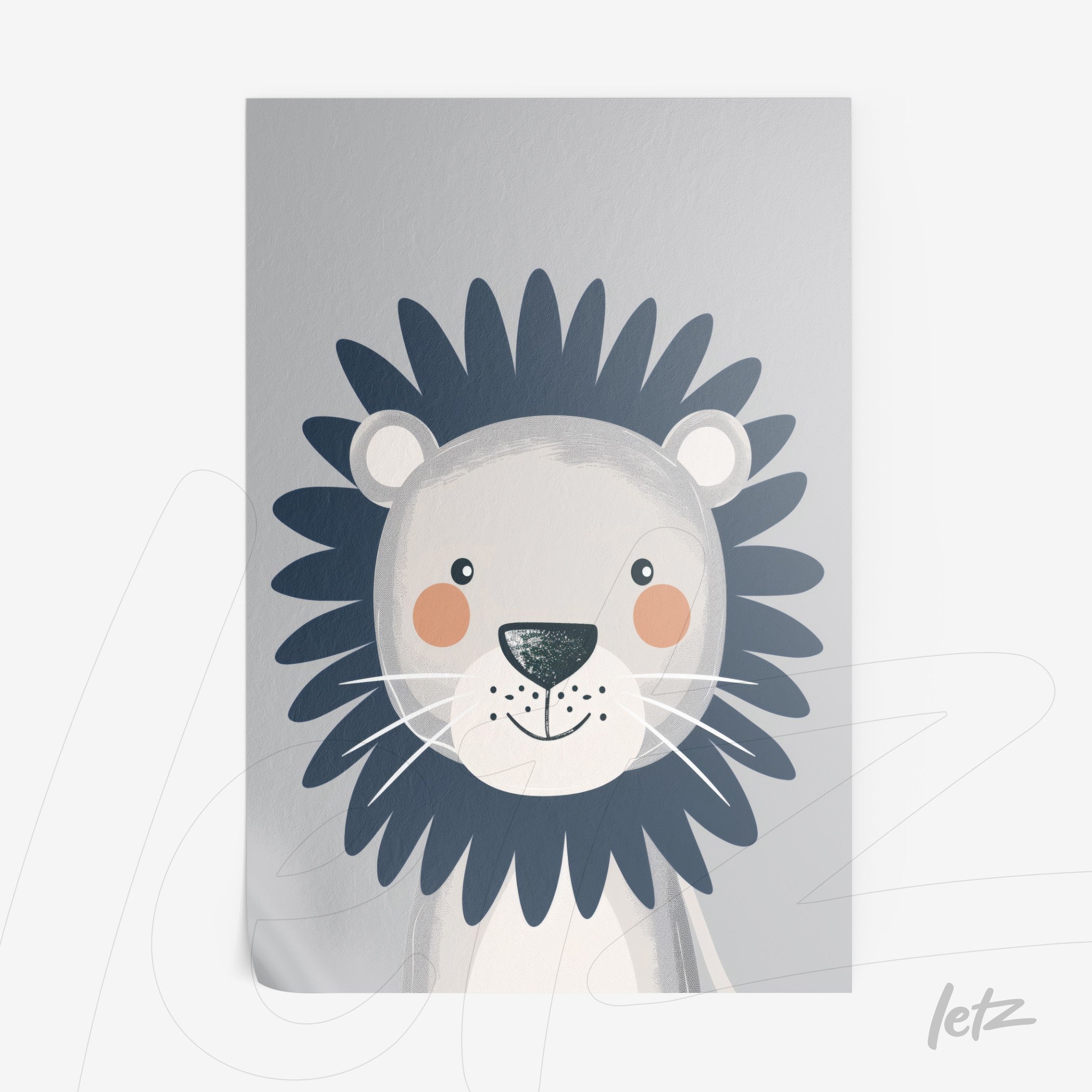 quadro com ilustração de leão fofo em tons de cinza e azul, com fundo claro