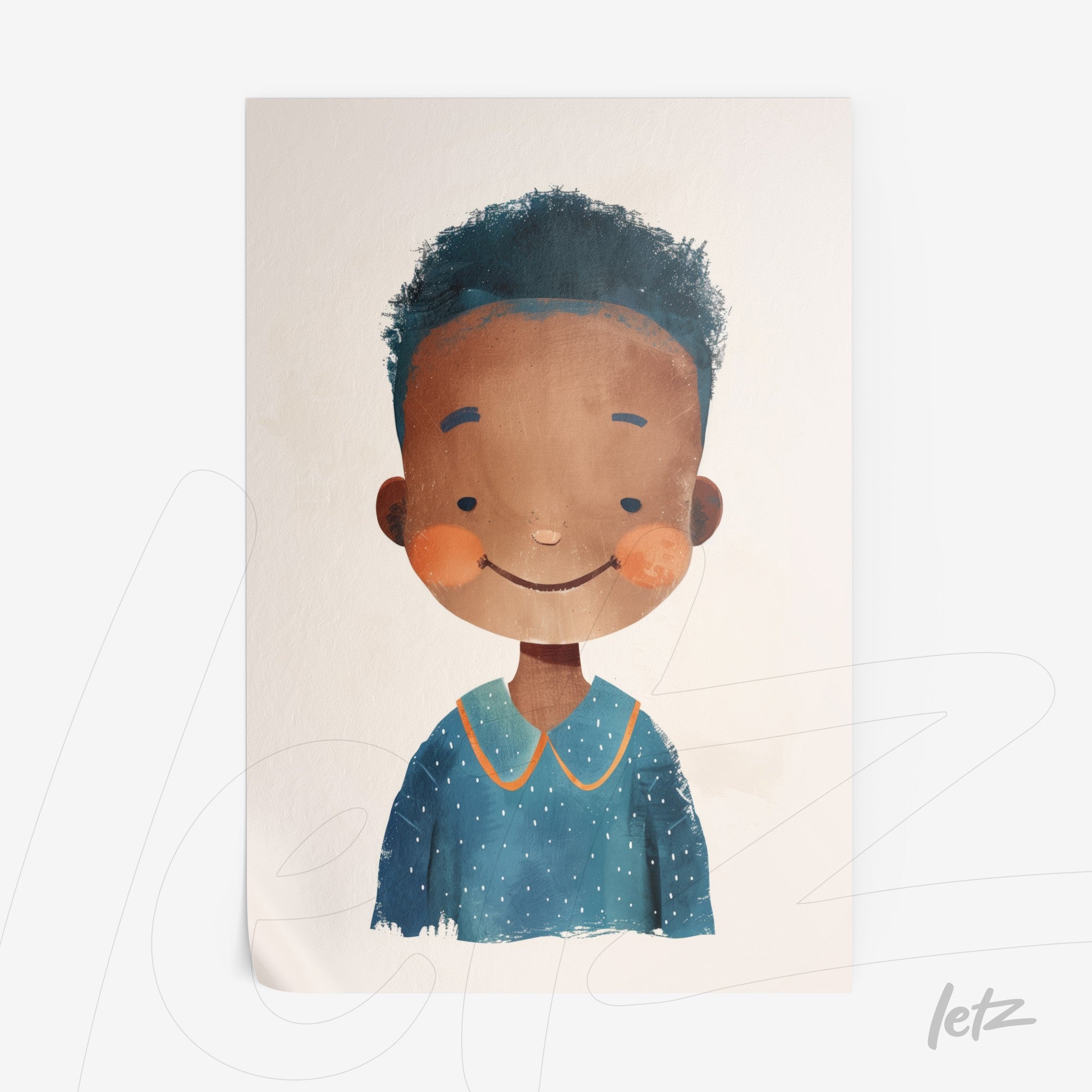 ilustração digital de menina com cabelo cacheado e vestido azul com estampa de estrelas