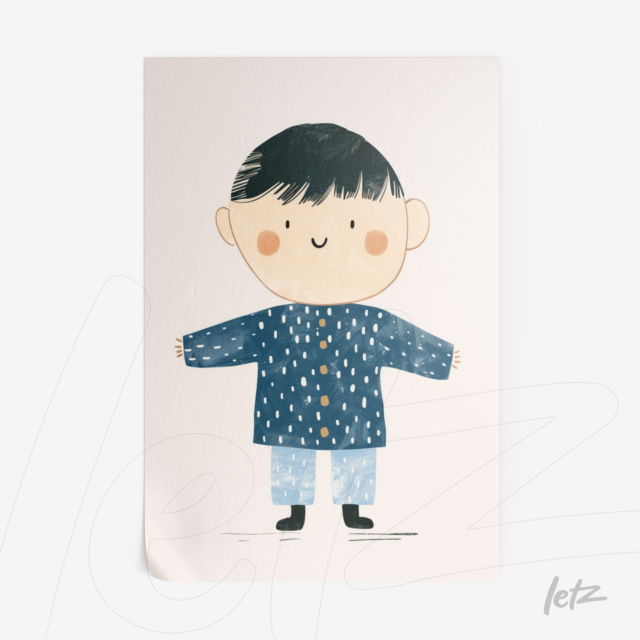 ilustração infantil de menino sorridente vestido com casaco azul e calças claras sobre fundo suave