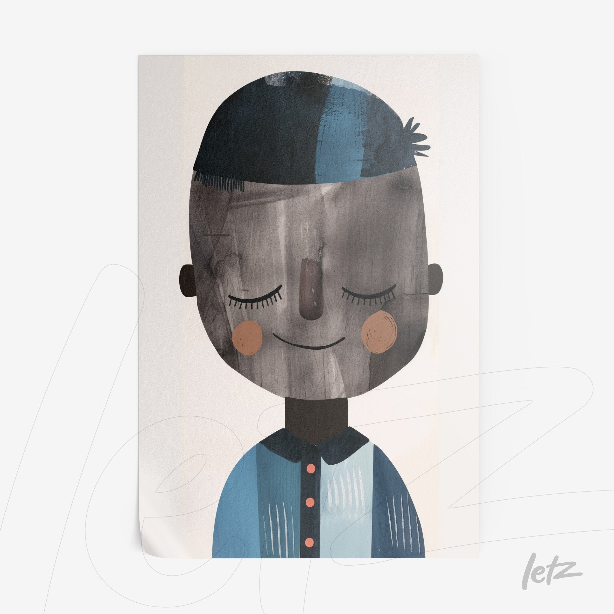 arte digital de um personagem com sorriso, cabelo azul e roupas em tons de azul e preto