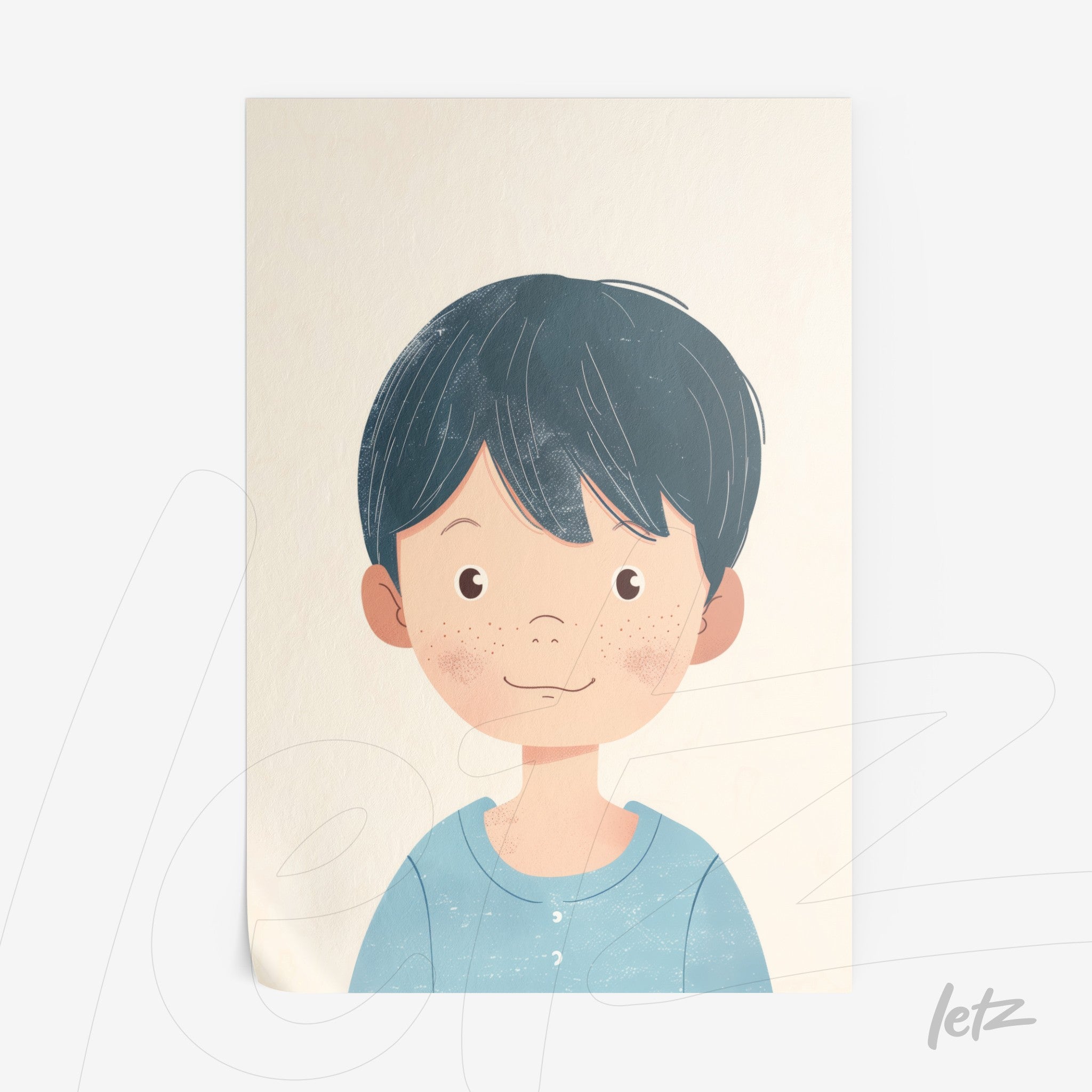 quadro com ilustração de uma criança sorridente com cabelo curto e escuro, vestindo uma camiseta azul clara, sobre fundo claro e texturizado