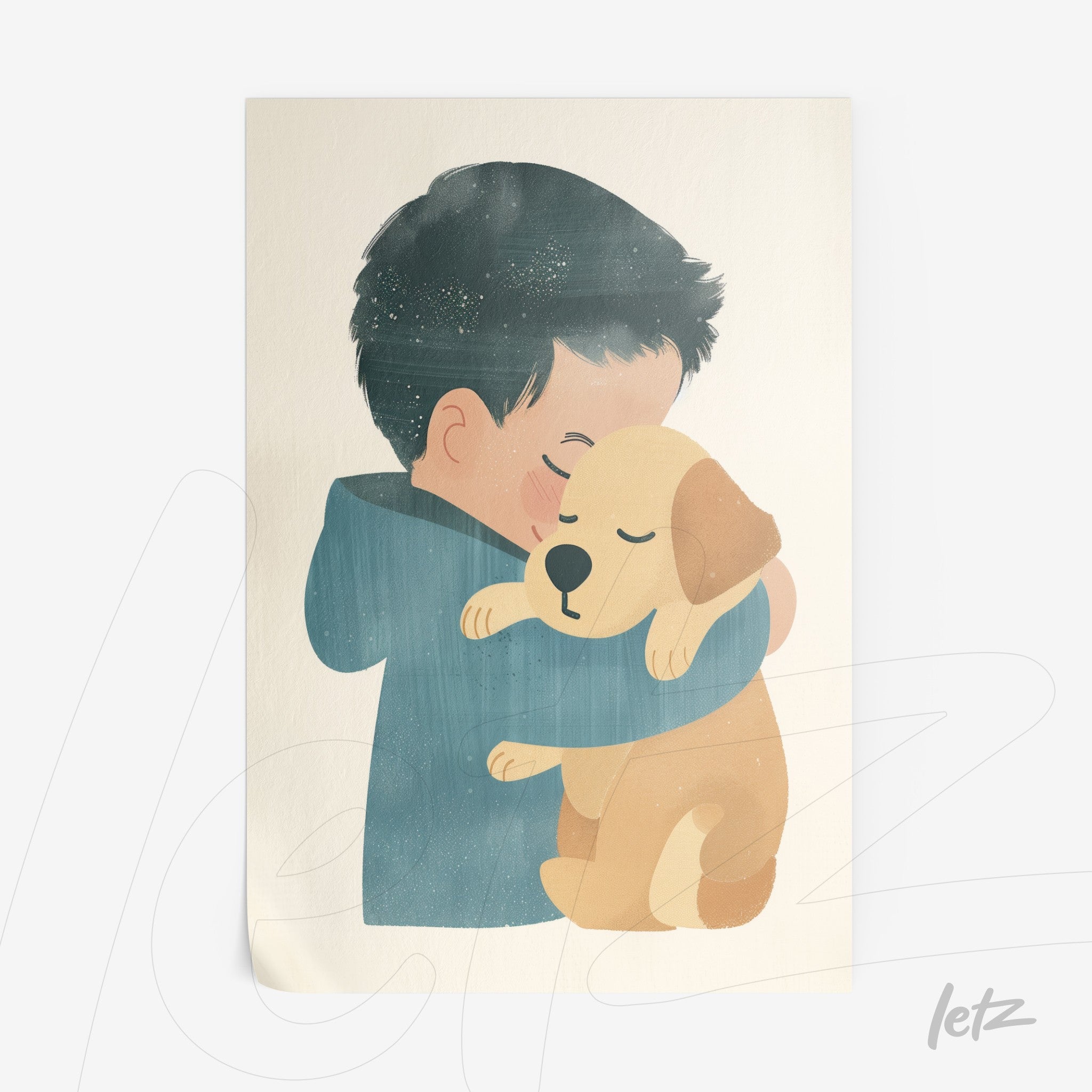 arte digital de menino abraçando um cachorro labrador em fundo claro