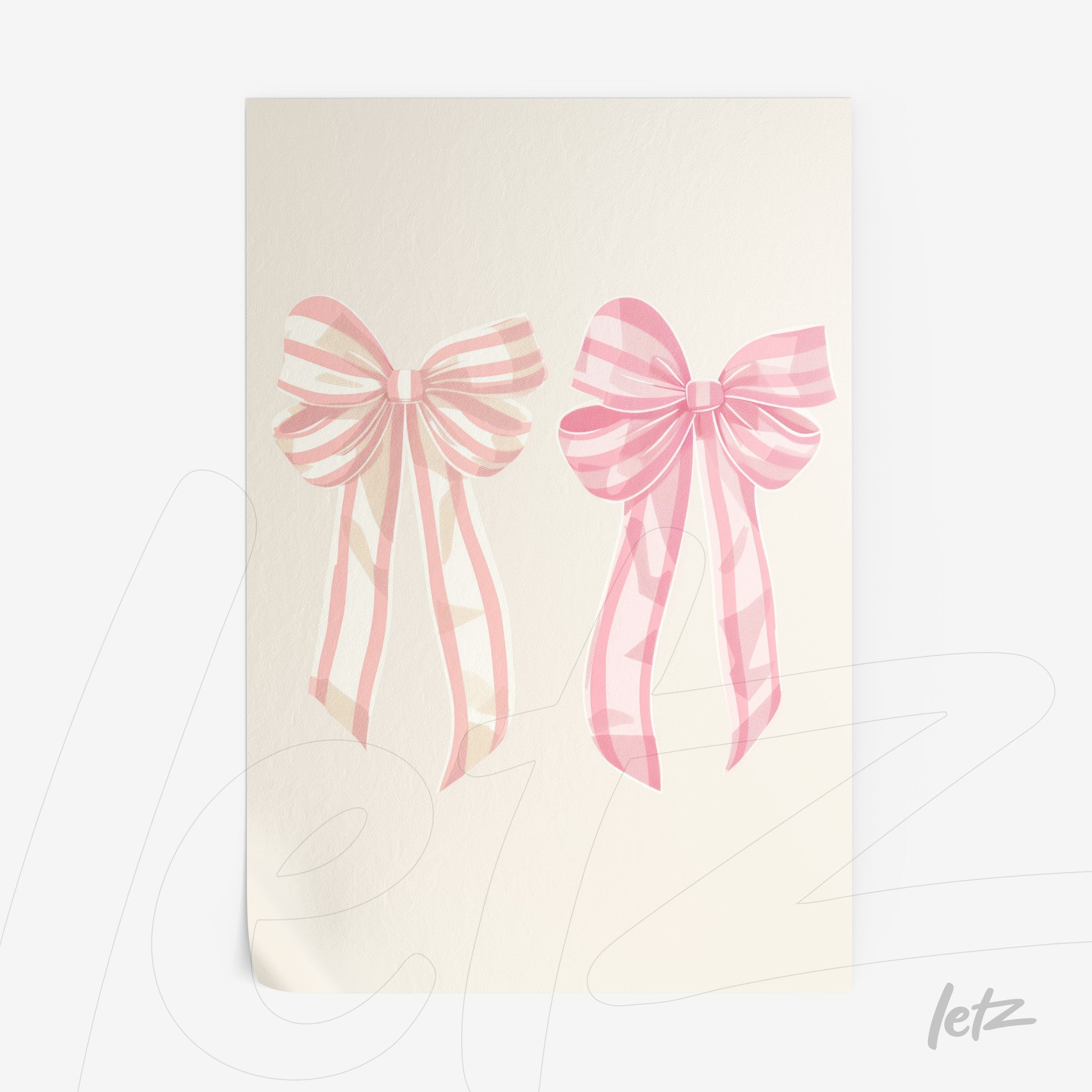 quadro decorativo com ilustrações de laços rosa em fundo claro