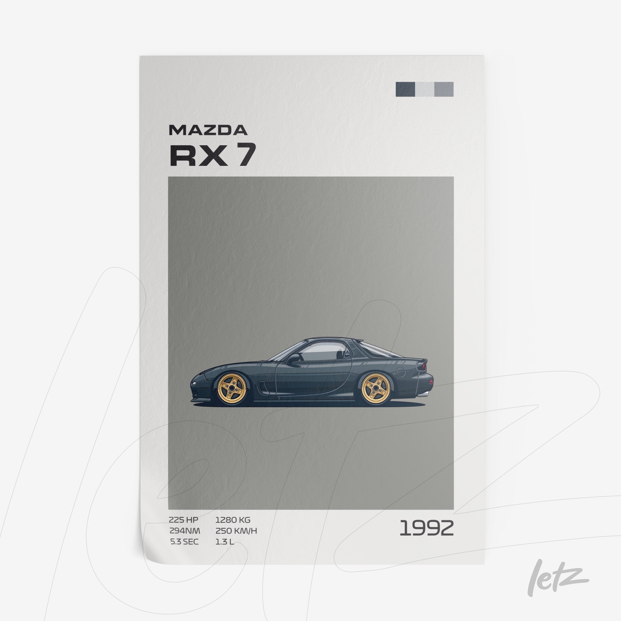 quadro com arte digital de um carro Mazda RX7 1992 em estilo minimalista com fundo cinza