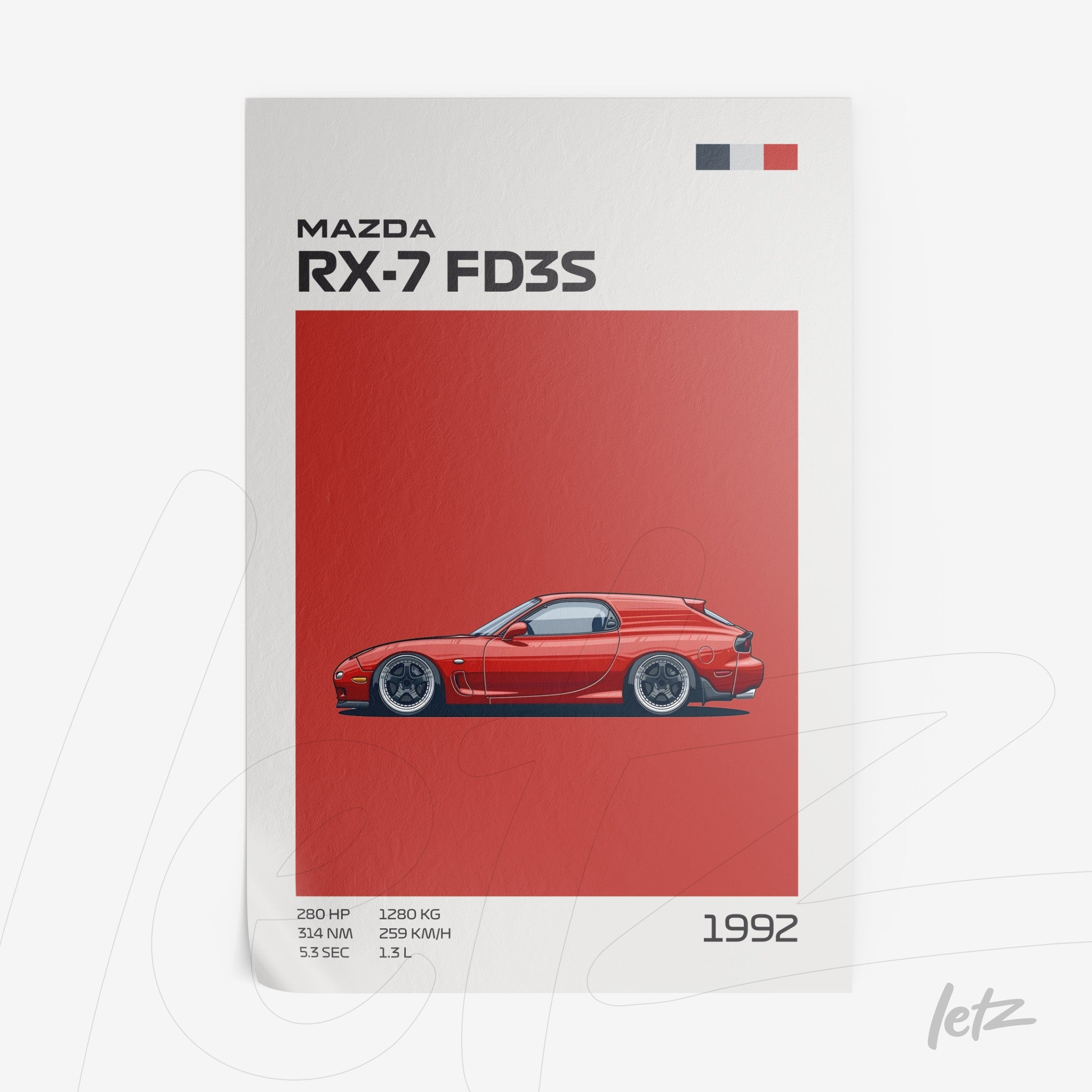 arte digital de um Mazda RX-7 FD3S em fundo vermelho, com detalhes técnicos e ano de 1992