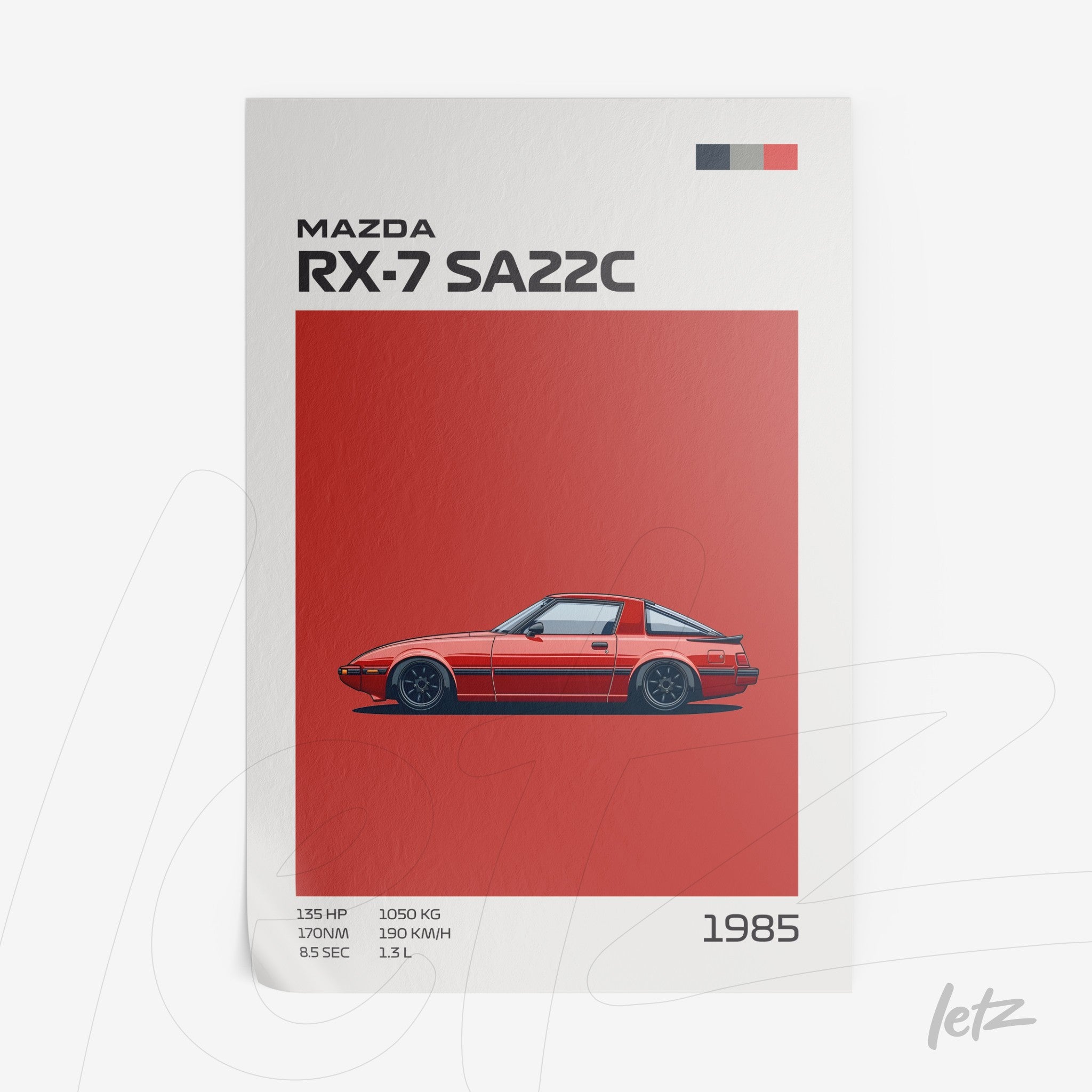 quadros decorativos de carro com ilustração estilizada do Mazda RX-7 SA22C 1985 em fundo vermelho vibrante