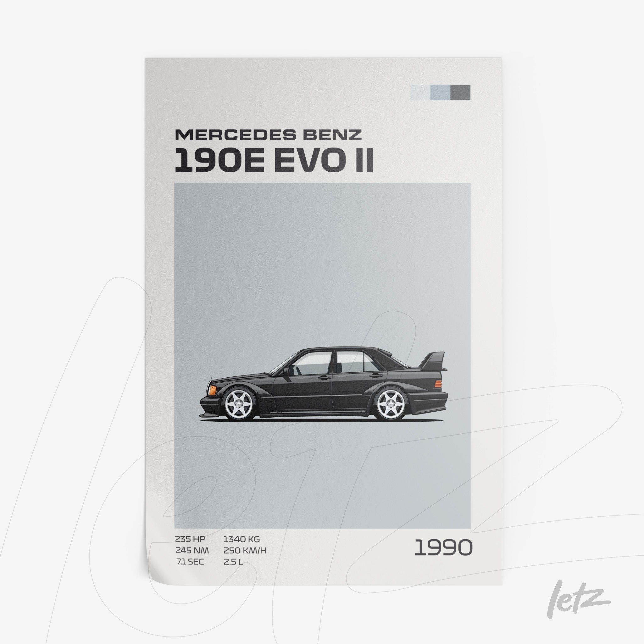 quadro com ilustração estilizada do carro Mercedes Benz 190E EVO II em fundo cinza claro
