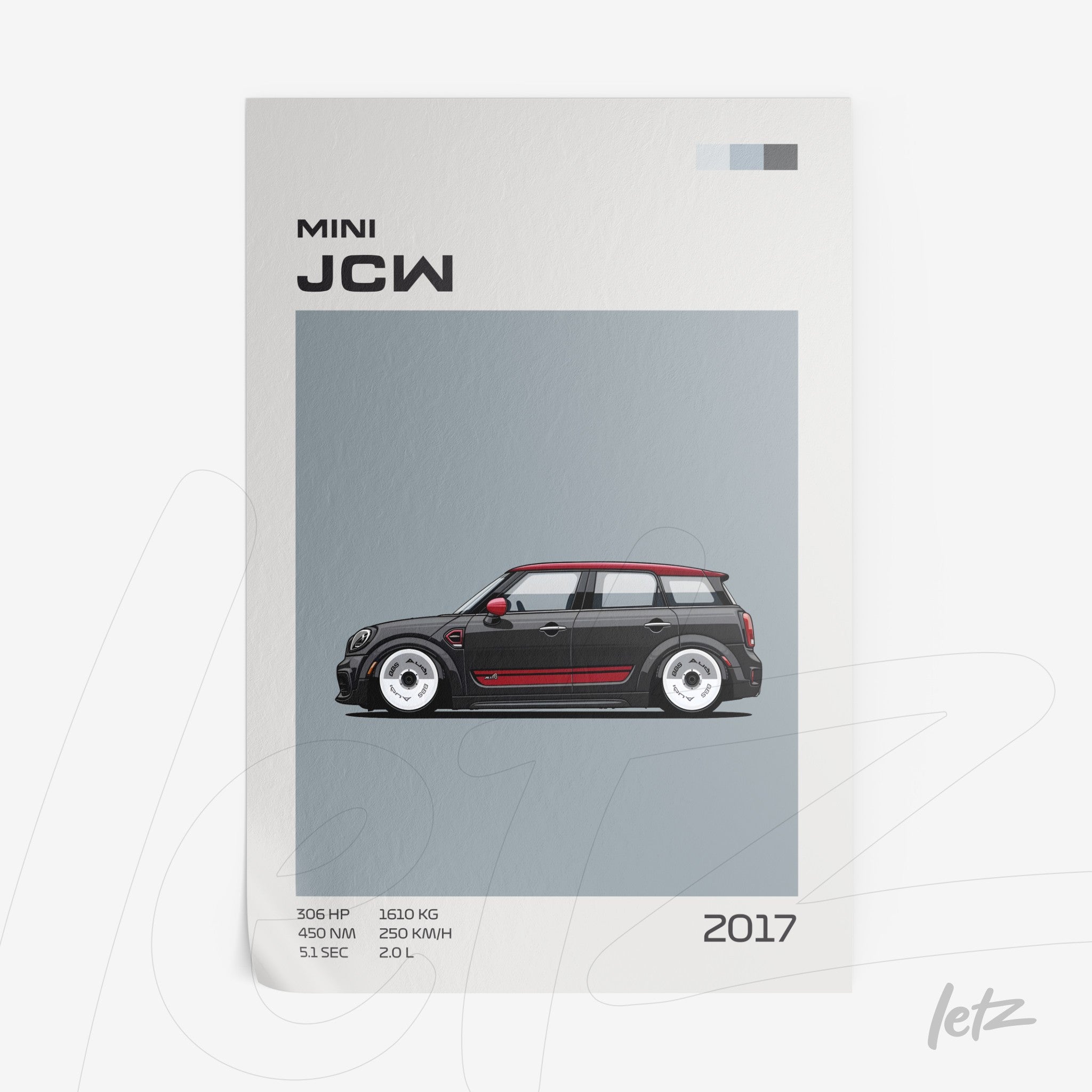 quadro com ilustração detalhada de um Mini JCW em fundo cinza, apresentando as especificações técnicas ao lado