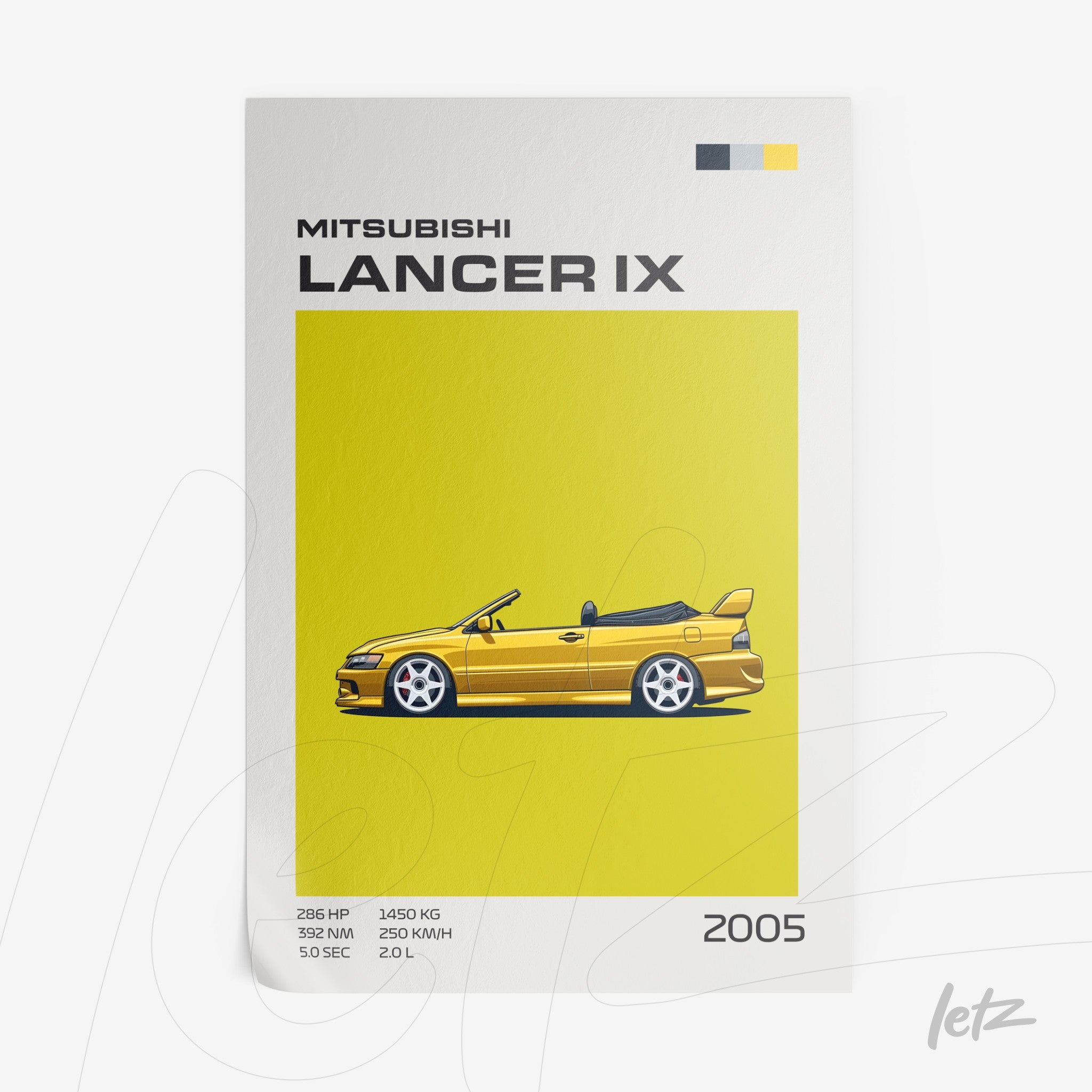 arte digital de um carro esportivo Mitsubishi Lancer IX amarelo com fundo amarelo vibrante