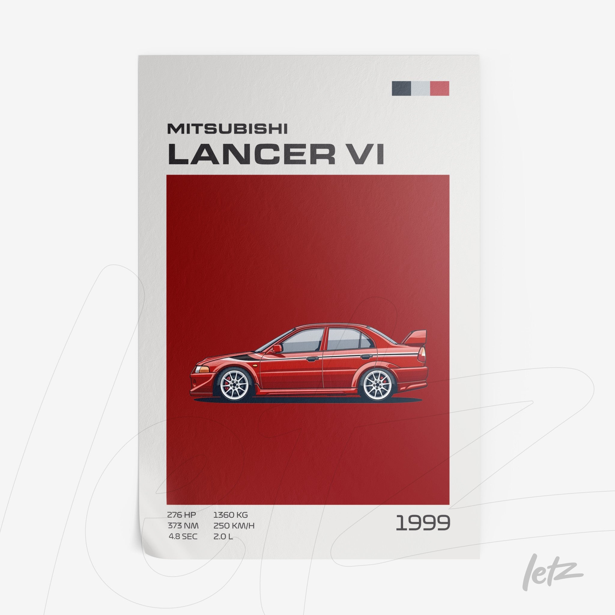 quadro com ilustração do carro Mitsubishi Lancer VI em fundo vermelho vibrante e moldura branca