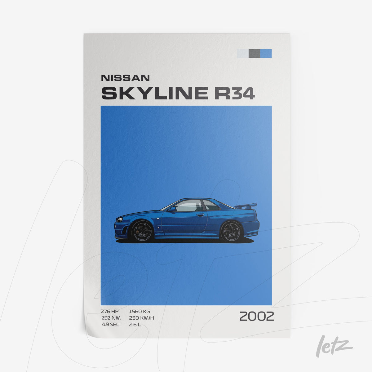 quadro com arte digital do carro Nissan Skyline R34 sobre fundo azul, destacado informações técnicas e ano de lançamento