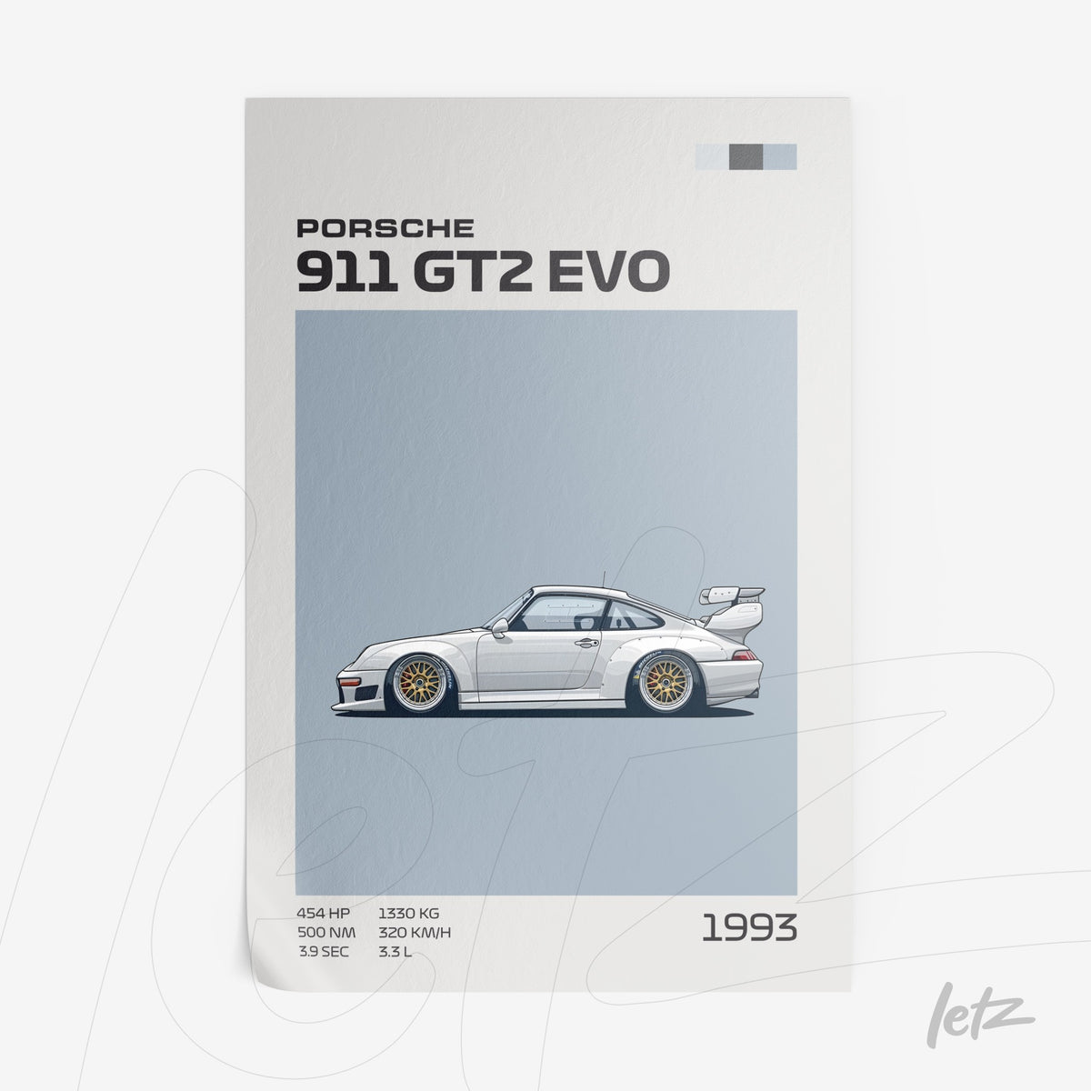 ilustração de carro esportivo Porsche 911 GT2 EVO de 1993 em fundo azul claro
