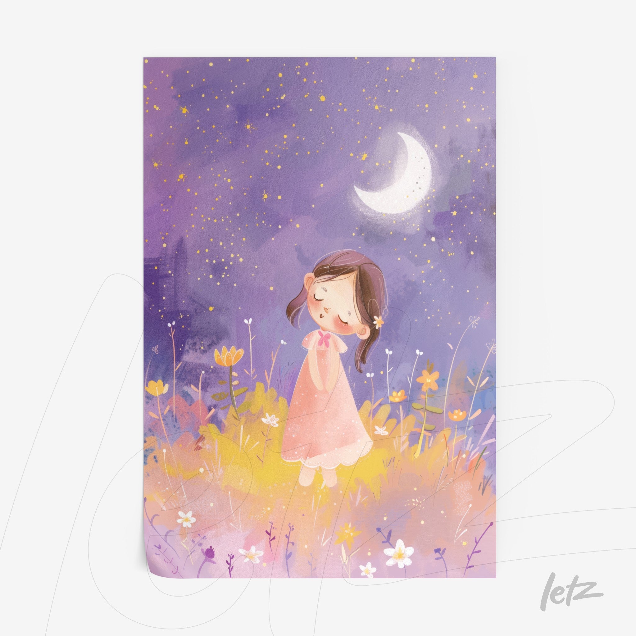 quadro com ilustração infantil de menina sorrindo em campo floral sob céu estrelado