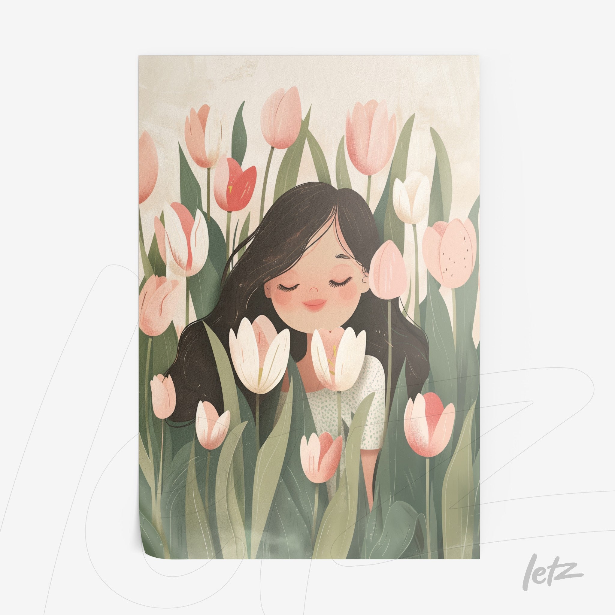 arte digital de uma menina com flores em tons suaves, envolta por tulipas rosa e brancas com fundo claro