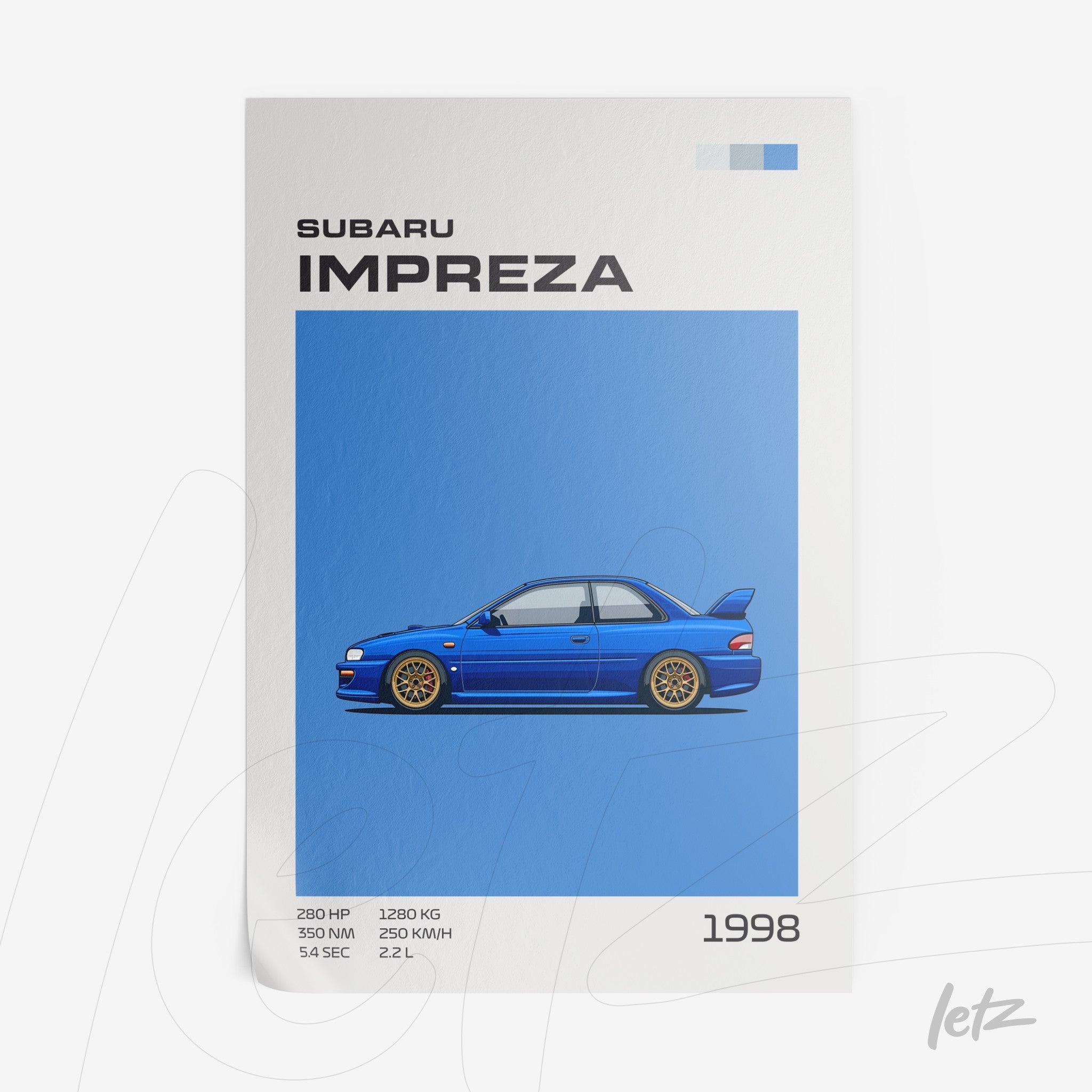 ilustração estilizada de um carro Subaru Impreza de 1998 em fundo azul vibrante, com texto informativo sobre potência e dimensões
