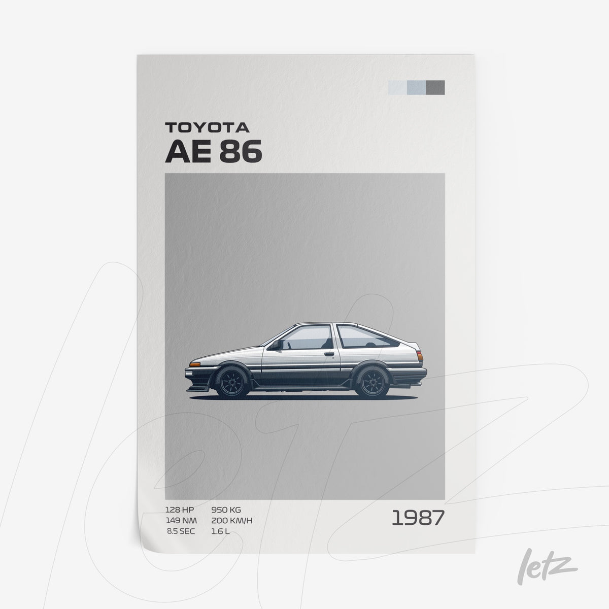 quadro com ilustração minimalista do carro Toyota AE 86 em fundo cinza e detalhes gráficos