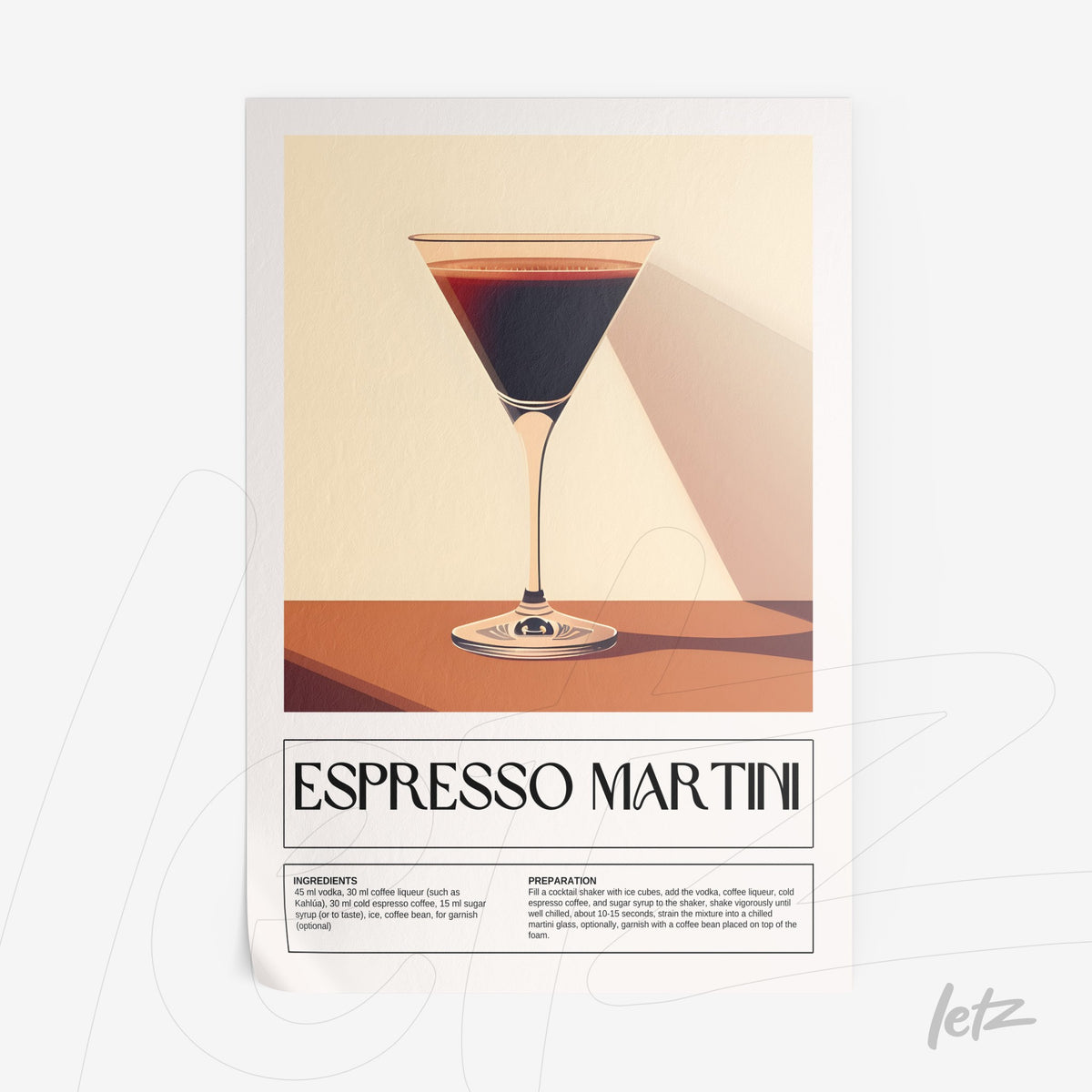 quadro com ilustração minimalista de um copo de espresso martini sobre fundo claro com texto informativo