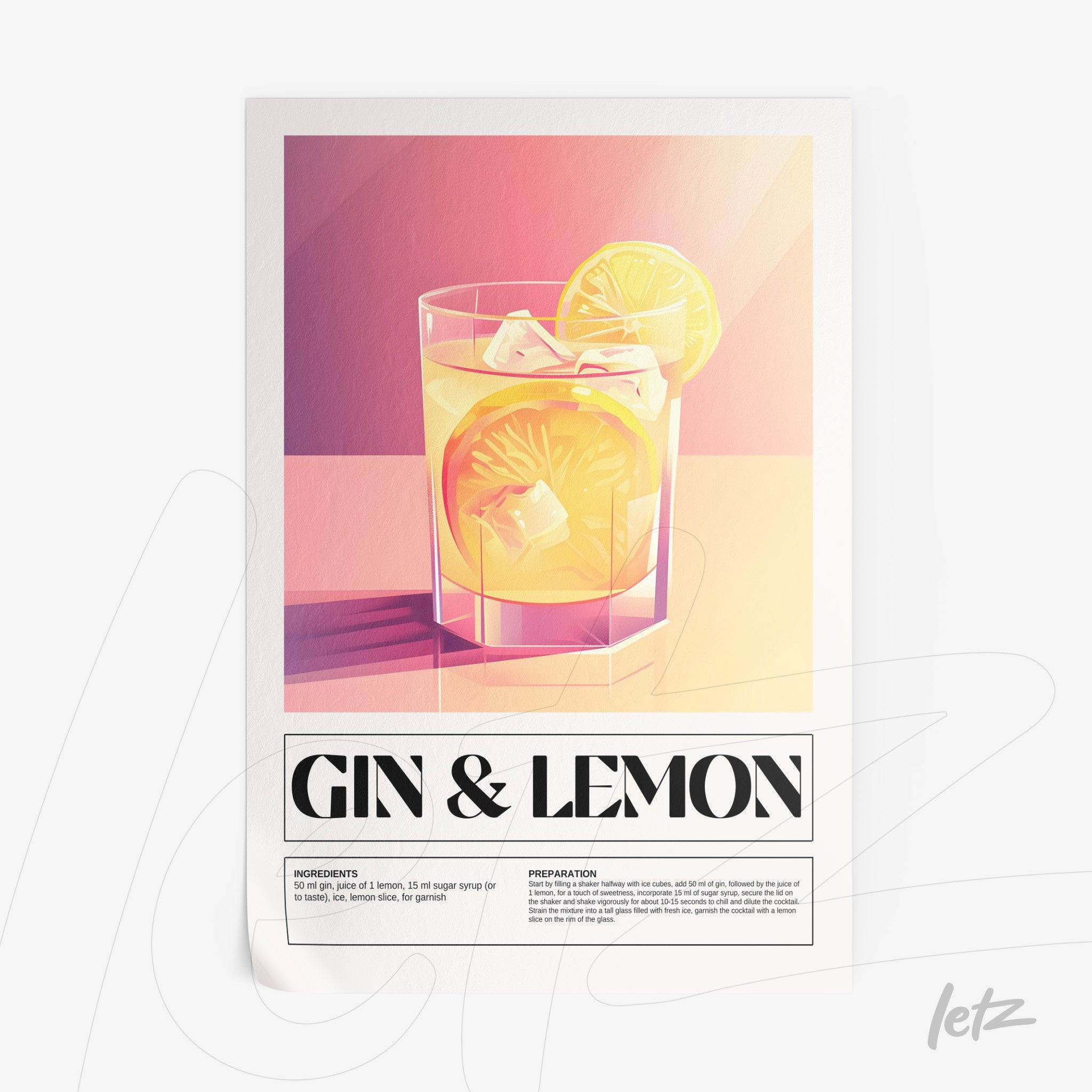 pôster com arte digital de drink gin com limão em copo com pedras de gelo sobre fundo em cores quentes