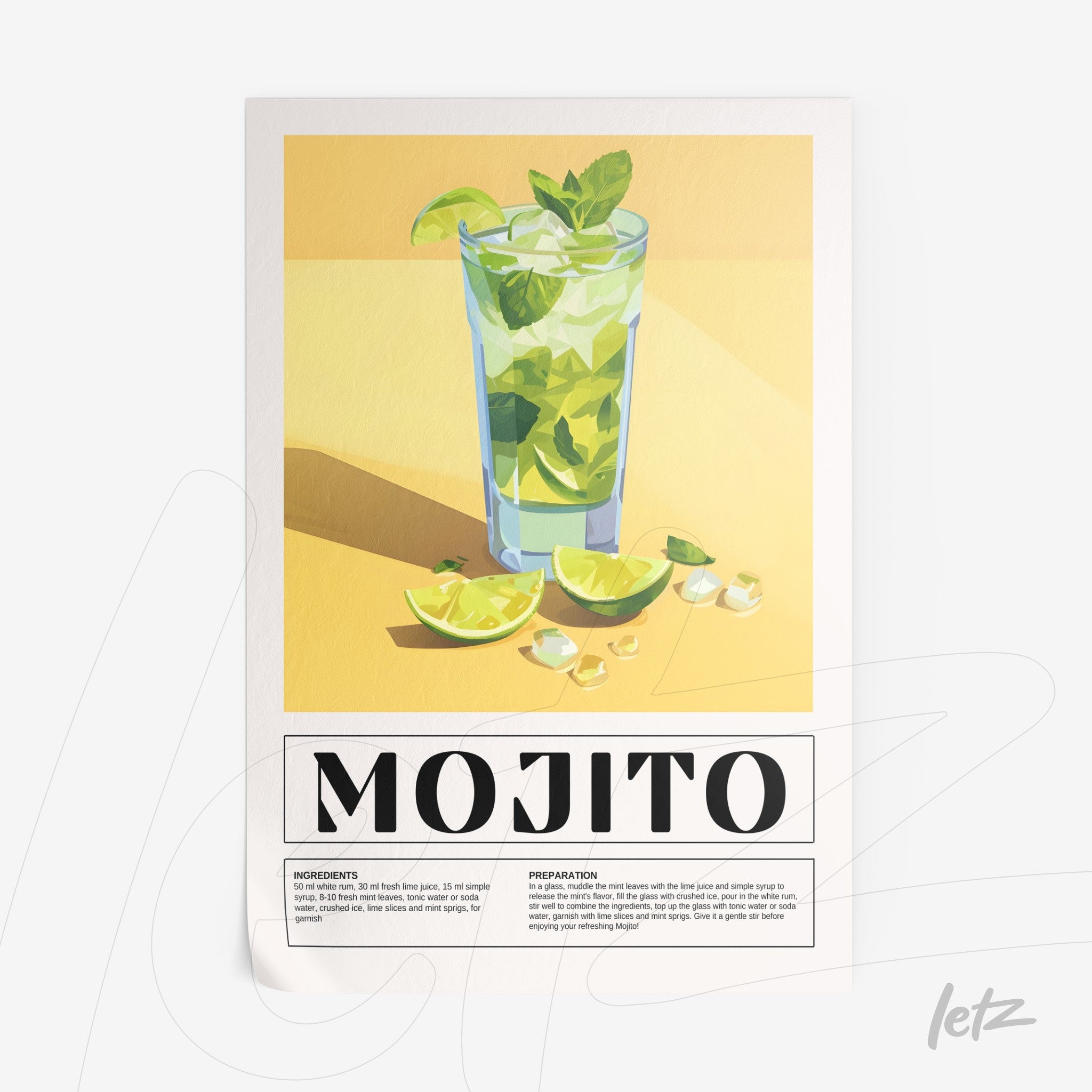 pôster com ilustração colorida do drink mojito em copo alto com limão e folhas de hortelã, sobre fundo amarelo claro